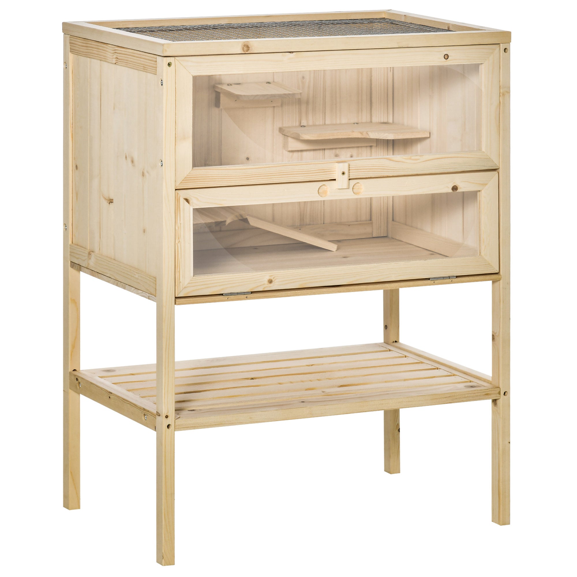 Wooden Hamster Cage with Storage Shelf, Small Animal Exercise Play House with Openable Top, for Hamsters, Gerbils, 60 x 40 x 80 cm - Natural