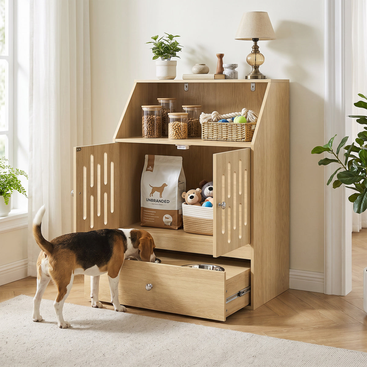 Dog Feeding Station Food Storage w/ 2 Elevated Bowls & Slow-Feed Mat, Hidden Pet Feeding Station, Pet Food Storage Cabinet Organizer, Sliding Drawer, Hidden Feeder for Cats & Dogs