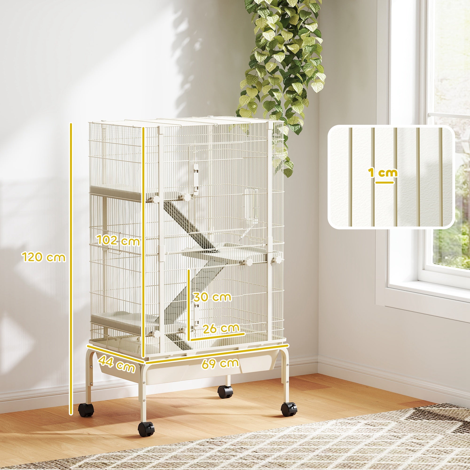 Rolling Rabbit Cage, 4 Level Rolling Rat Cage with 3 Ramps, Water Bottle, Food Dish, 15cm Deep Tray for Easy Cleaning, Small Pet Cage for Ferrets, Chinchillas, Squirrel, Syrian, Beige