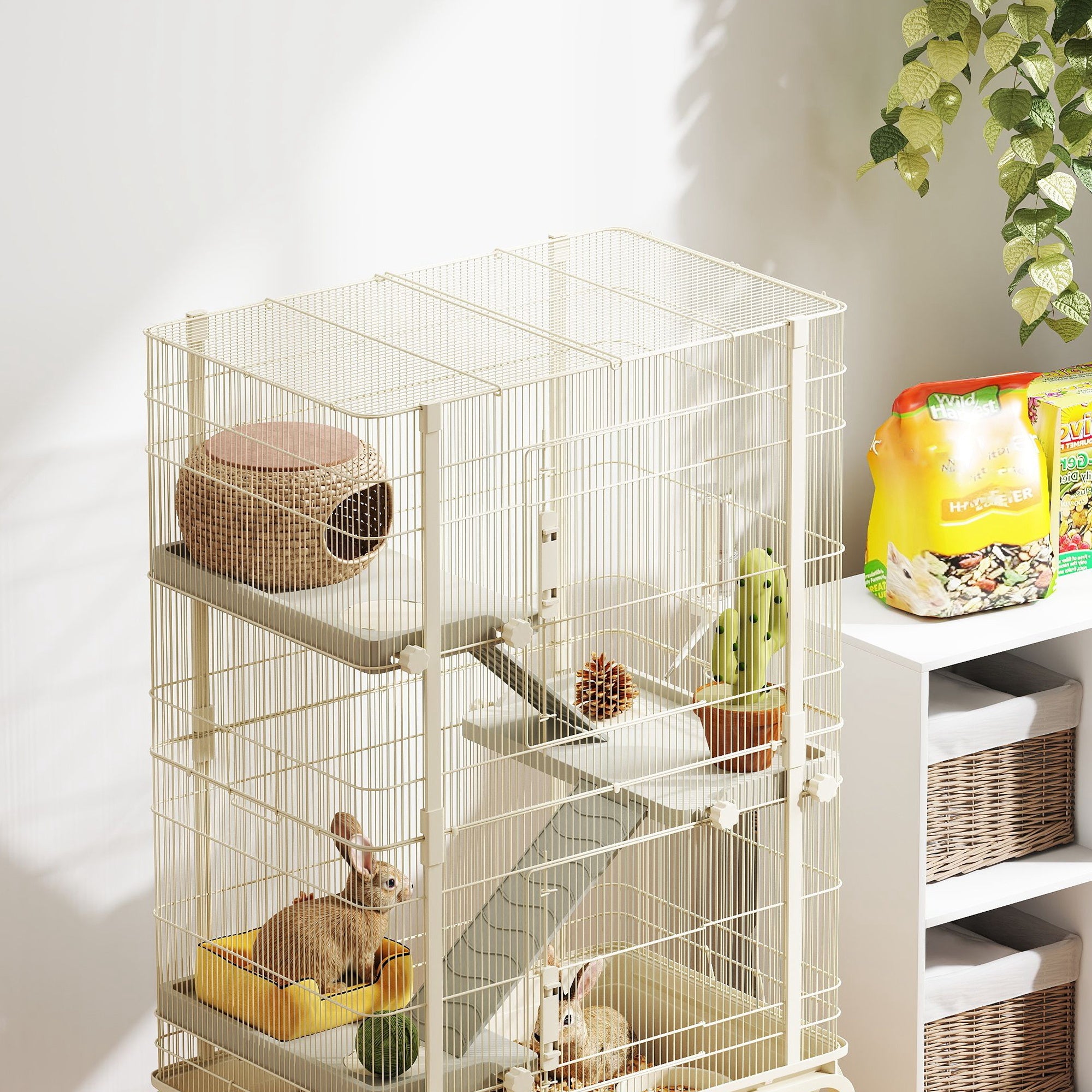 Rolling Rabbit Cage, 4 Level Rolling Rat Cage with 3 Ramps, Water Bottle, Food Dish, 15cm Deep Tray for Easy Cleaning, Small Pet Cage for Ferrets, Chinchillas, Squirrel, Syrian, Beige
