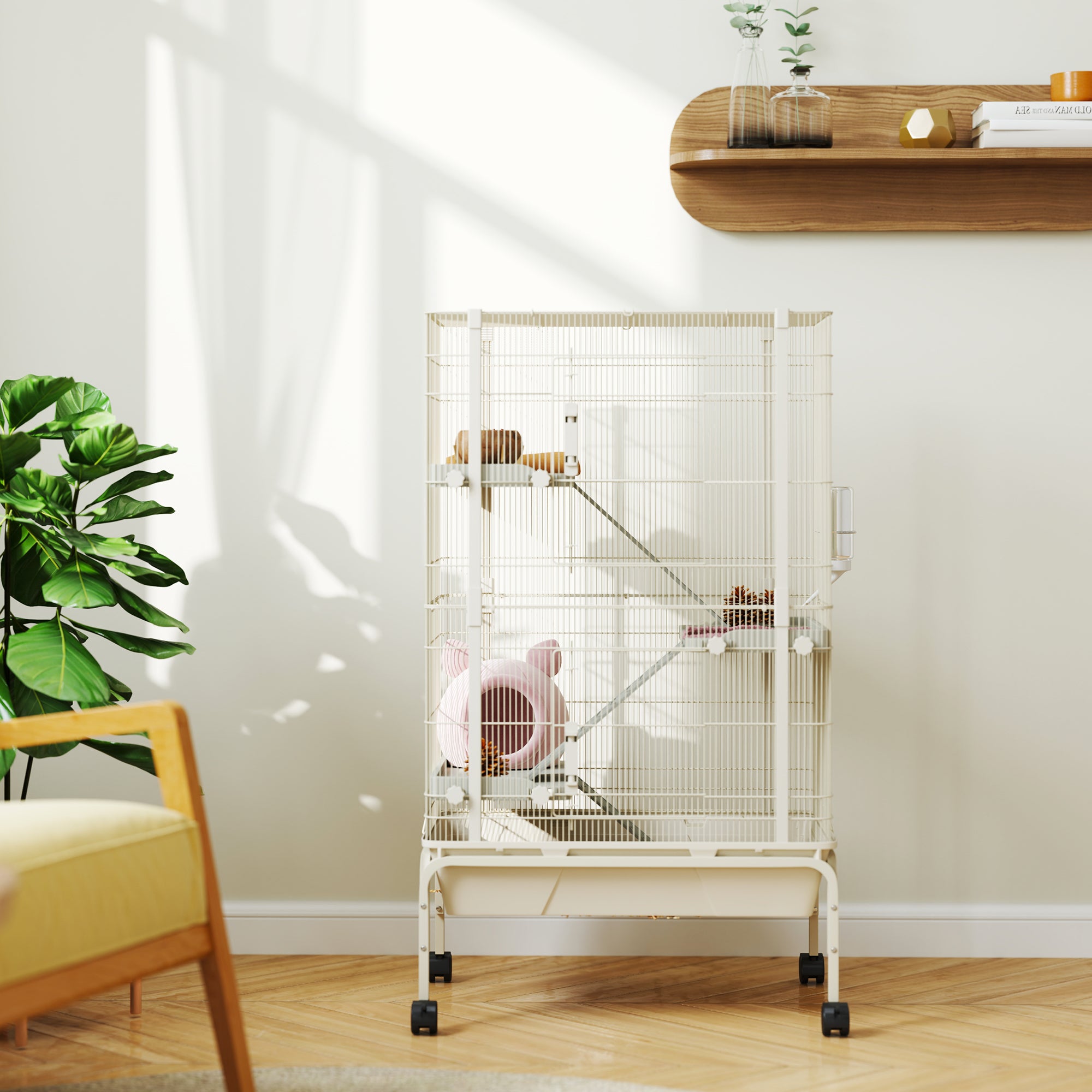 Rolling Rabbit Cage, 4 Level Rolling Rat Cage with 3 Ramps, Water Bottle, Food Dish, 15cm Deep Tray for Easy Cleaning, Small Pet Cage for Ferrets, Chinchillas, Squirrel, Syrian, Beige