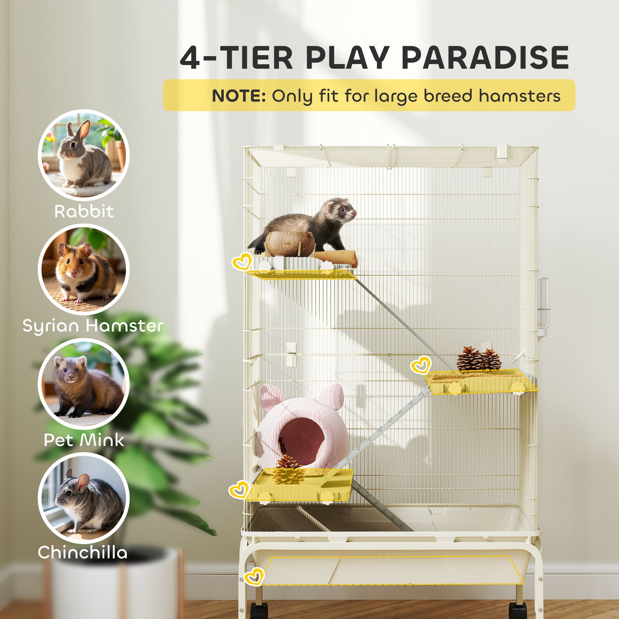Rolling Rabbit Cage, 4 Level Rolling Rat Cage with 3 Ramps, Water Bottle, Food Dish, 15cm Deep Tray for Easy Cleaning, Small Pet Cage for Ferrets, Chinchillas, Squirrel, Syrian, Beige