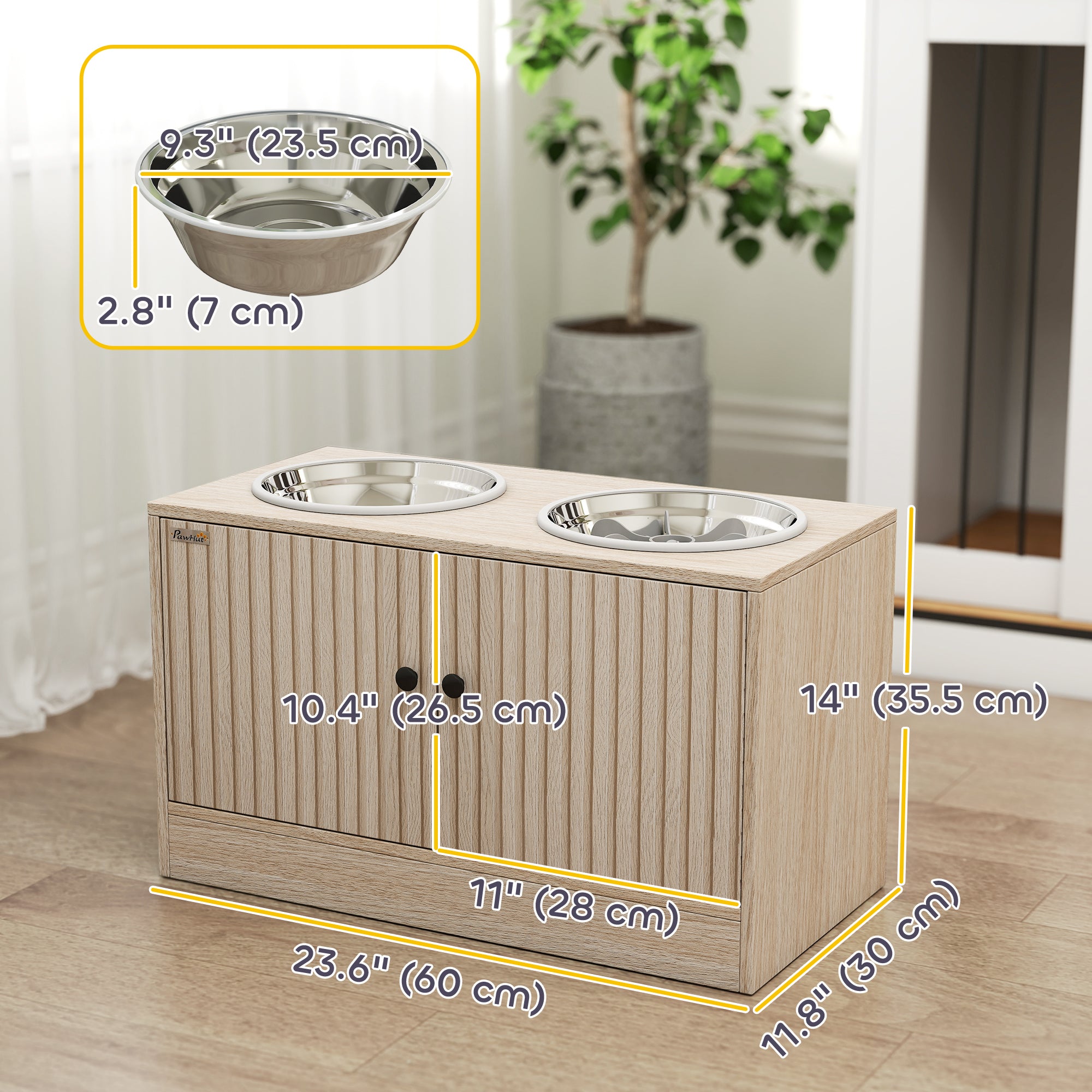 Elevated Dog Bowls with Slow Feeder, Dog Pet Feeding Station with Storage, 2 Stainless Steel Food and Water Bowl, Non-Slip, for Large Pets, 24" x 12" x 14", Oak