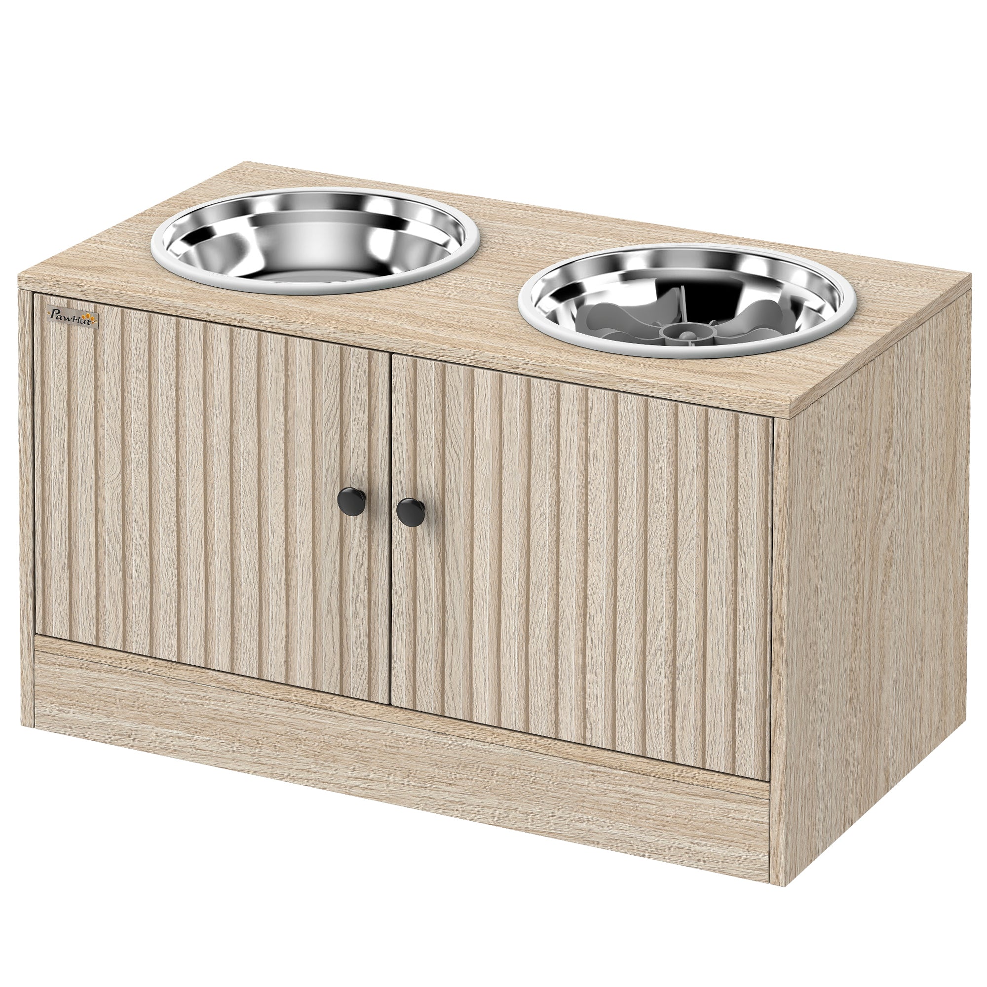 Elevated Dog Bowls with Slow Feeder, Dog Pet Feeding Station with Storage, 2 Stainless Steel Food and Water Bowl, Non-Slip, for Large Pets, 24" x 12" x 14", Oak