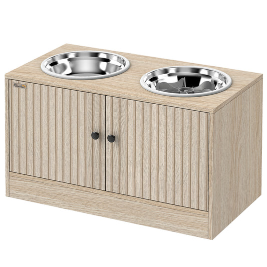 Elevated Dog Bowls with Slow Feeder, Dog Pet Feeding Station with Storage, 2 Stainless Steel Food and Water Bowl, Non-Slip, for Large Pets, 24" x 12" x 14", Oak