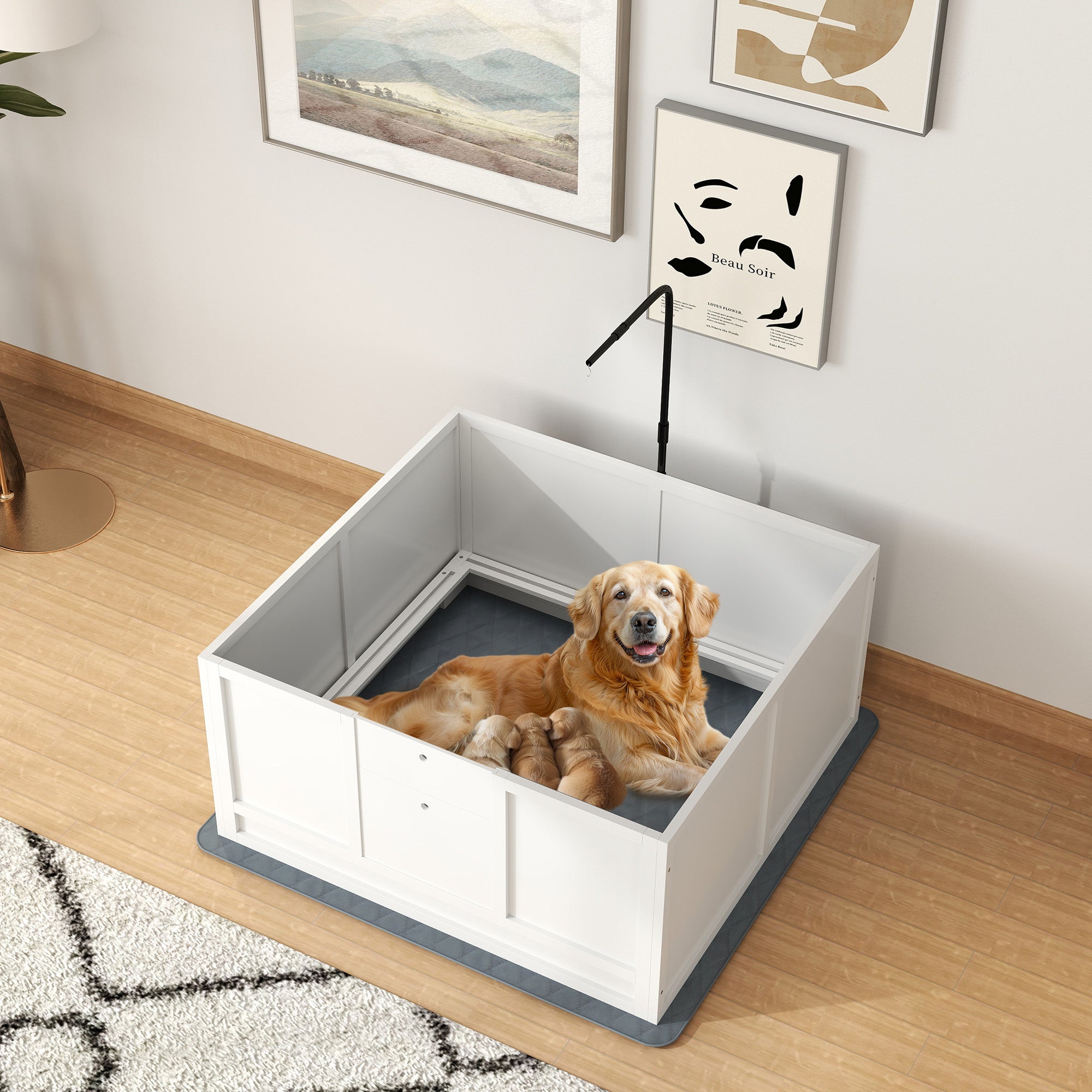 Whelping Box for Dogs, Puppy Playpen with Retractable Light Stand, Waterproof Pad, Rail, Adjustable Height Door for Small, Medium & Large Breed Dogs, 41" x 39"