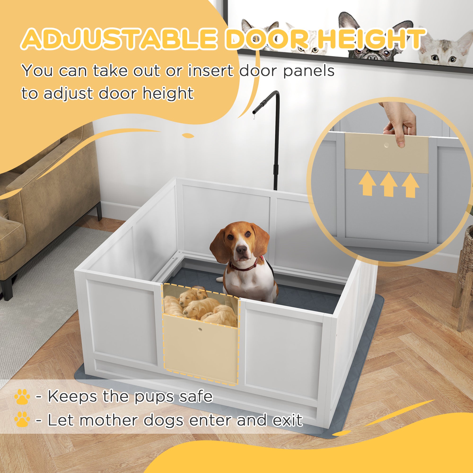 Whelping Box for Dogs, Puppy Playpen with Retractable Light Stand, Waterproof Pad, Rail, Adjustable Height Door for Small, Medium & Large Breed Dogs, 41" x 39"