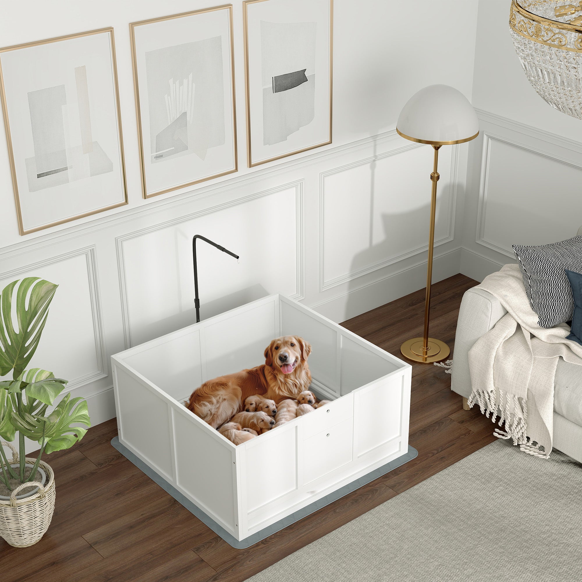 Whelping Box for Dogs, Puppy Playpen with Retractable Light Stand, Waterproof Pad, Rail, Adjustable Height Door for Small, Medium & Large Breed Dogs, 41" x 39"