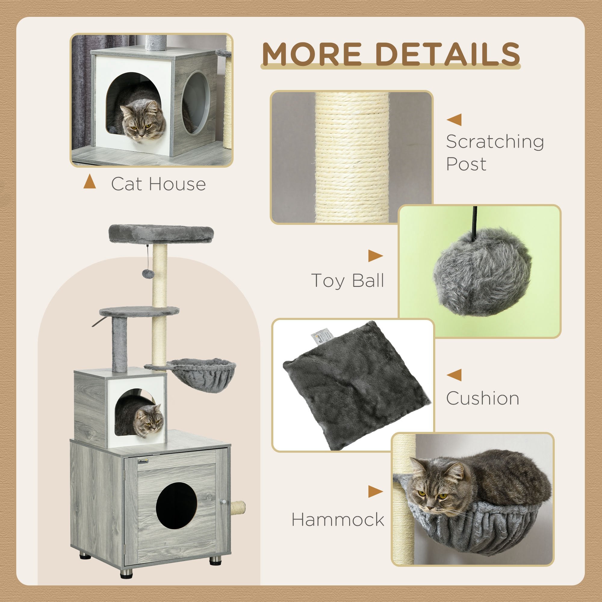 Cat Tower with Litter Box Enclosure, Cat Tree for Indoor Cats with Cat House, Scratching Post, Hammock, Grey