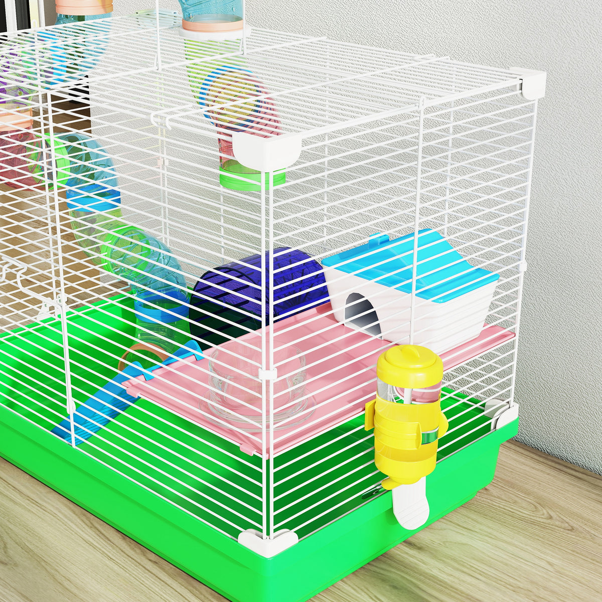 18"L Hamster Cage, Small Animal House, 2-Level Rat Gerbil Haven with Tunnel Tube System, Exercise Wheel, Water Bottle, Food Dish, Ramp, Green