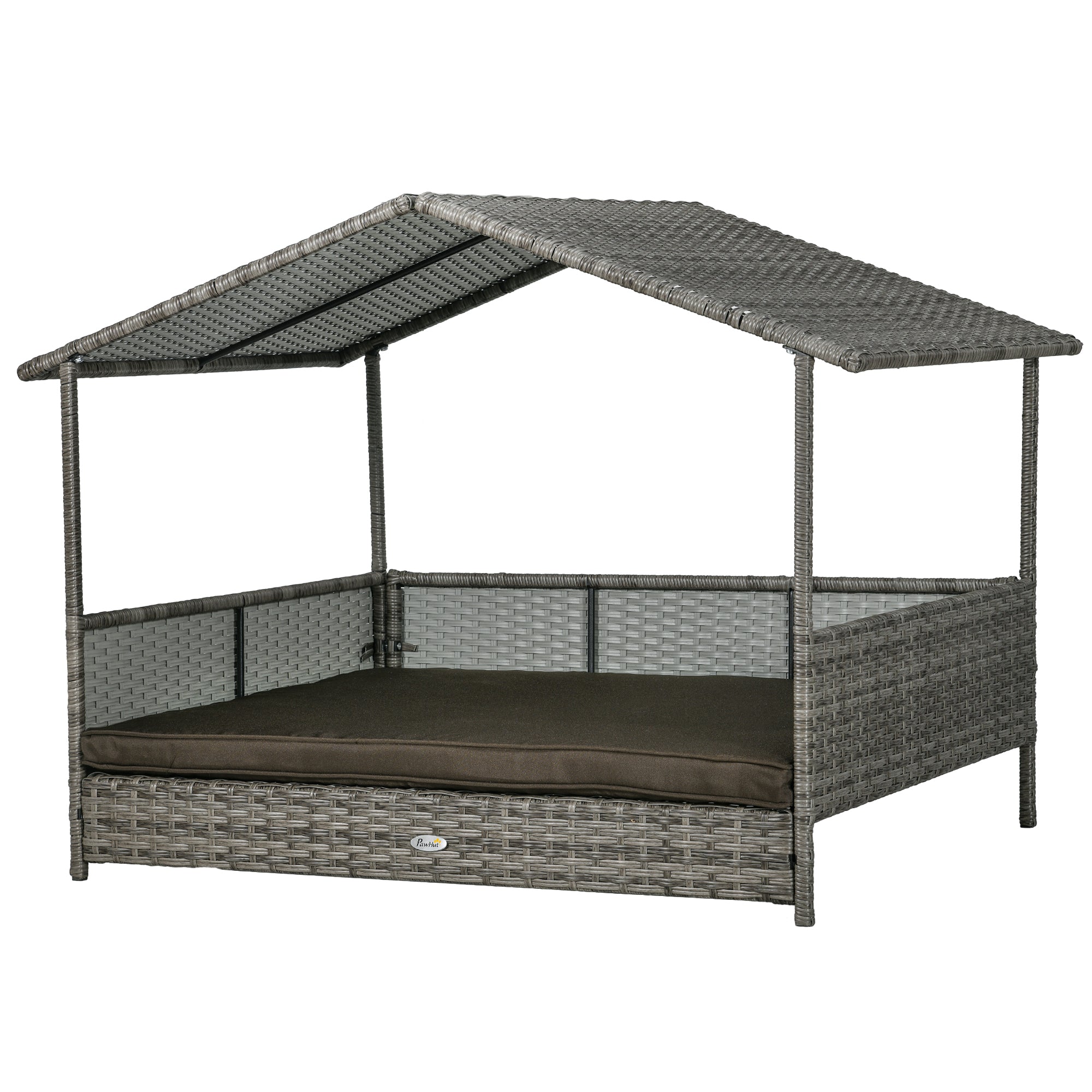 PawHut Outdoor Wicker Dog House with Canopy, Rattan Dog Bed with Soft Cushion Removable Cover for Medium and Large Dogs, Charcoal Gray
