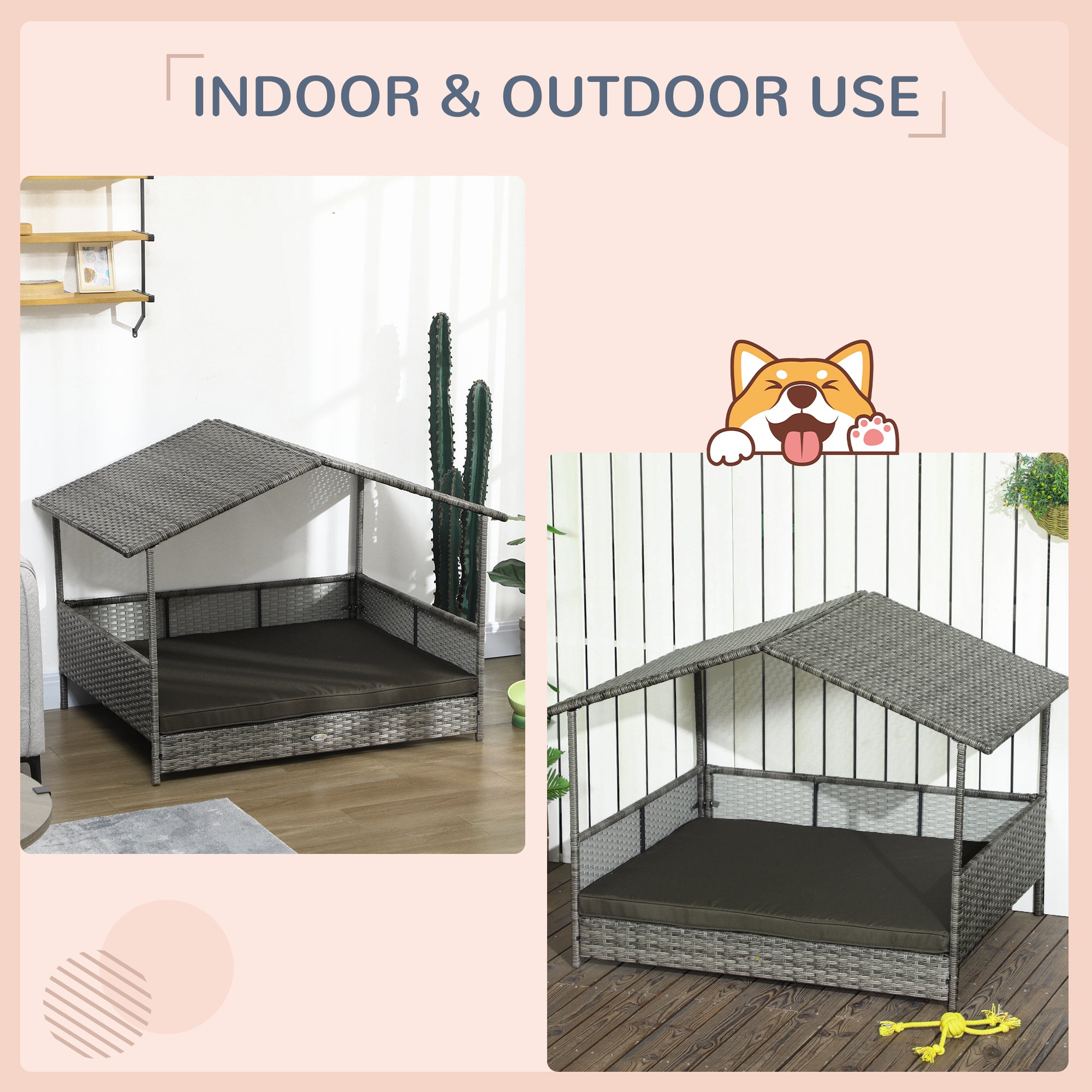 PawHut Outdoor Wicker Dog House with Canopy, Rattan Dog Bed with Soft Cushion Removable Cover for Medium and Large Dogs, Charcoal Gray