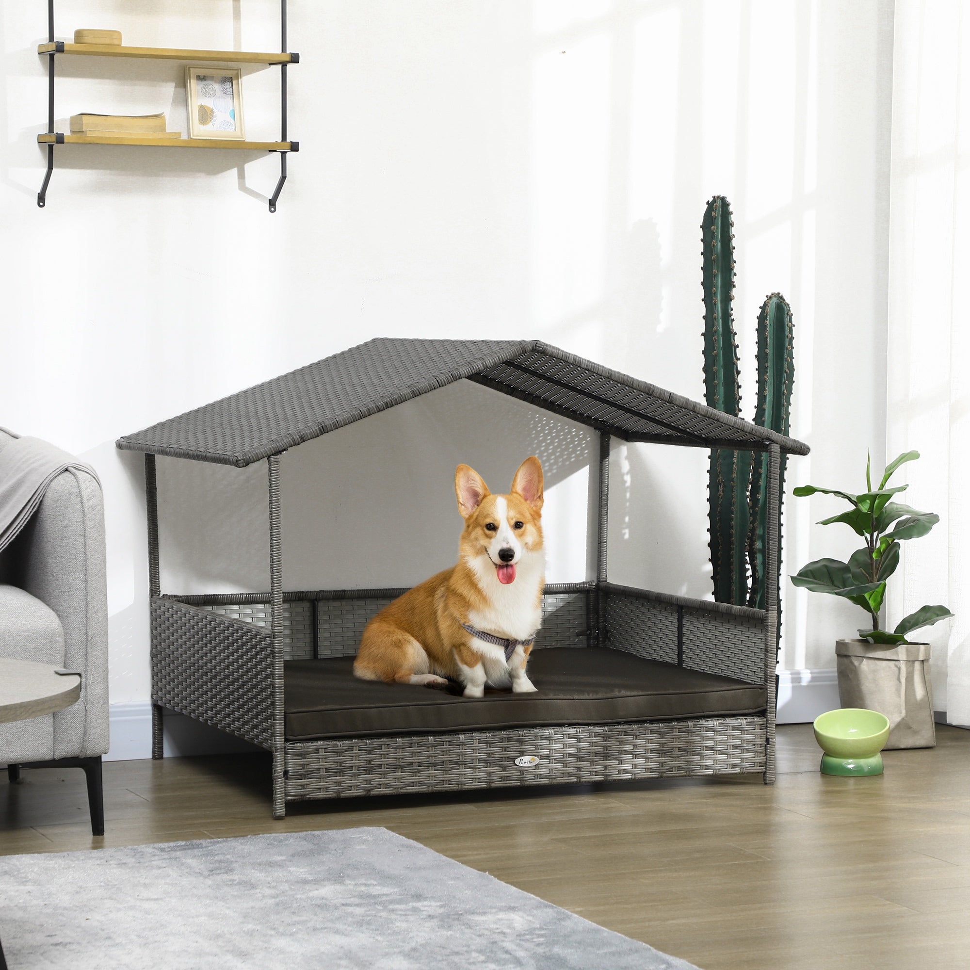 PawHut Outdoor Wicker Dog House with Canopy, Rattan Dog Bed with Soft Cushion Removable Cover for Medium and Large Dogs, Charcoal Gray