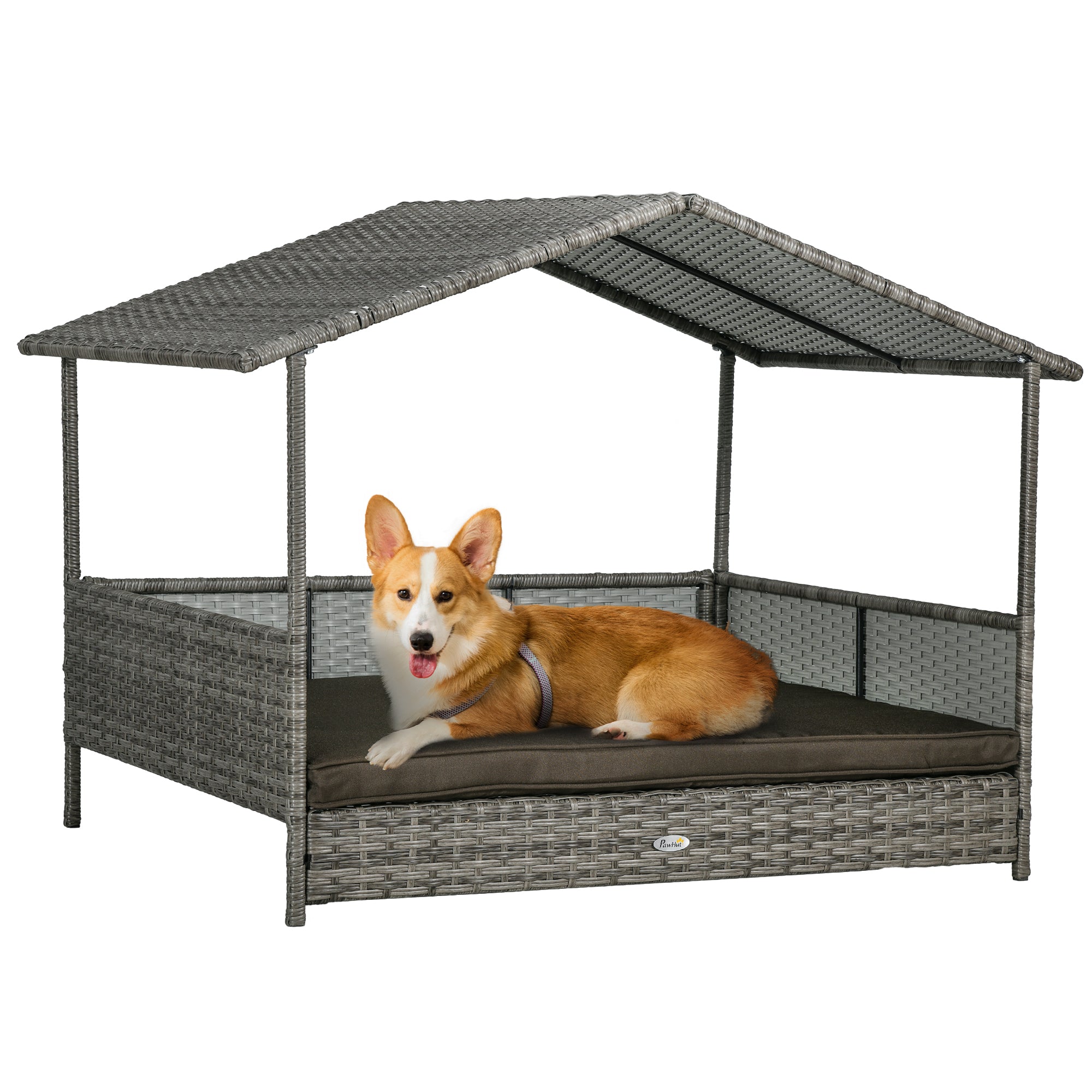 PawHut Outdoor Wicker Dog House with Canopy, Rattan Dog Bed with Soft Cushion Removable Cover for Medium and Large Dogs, Charcoal Gray