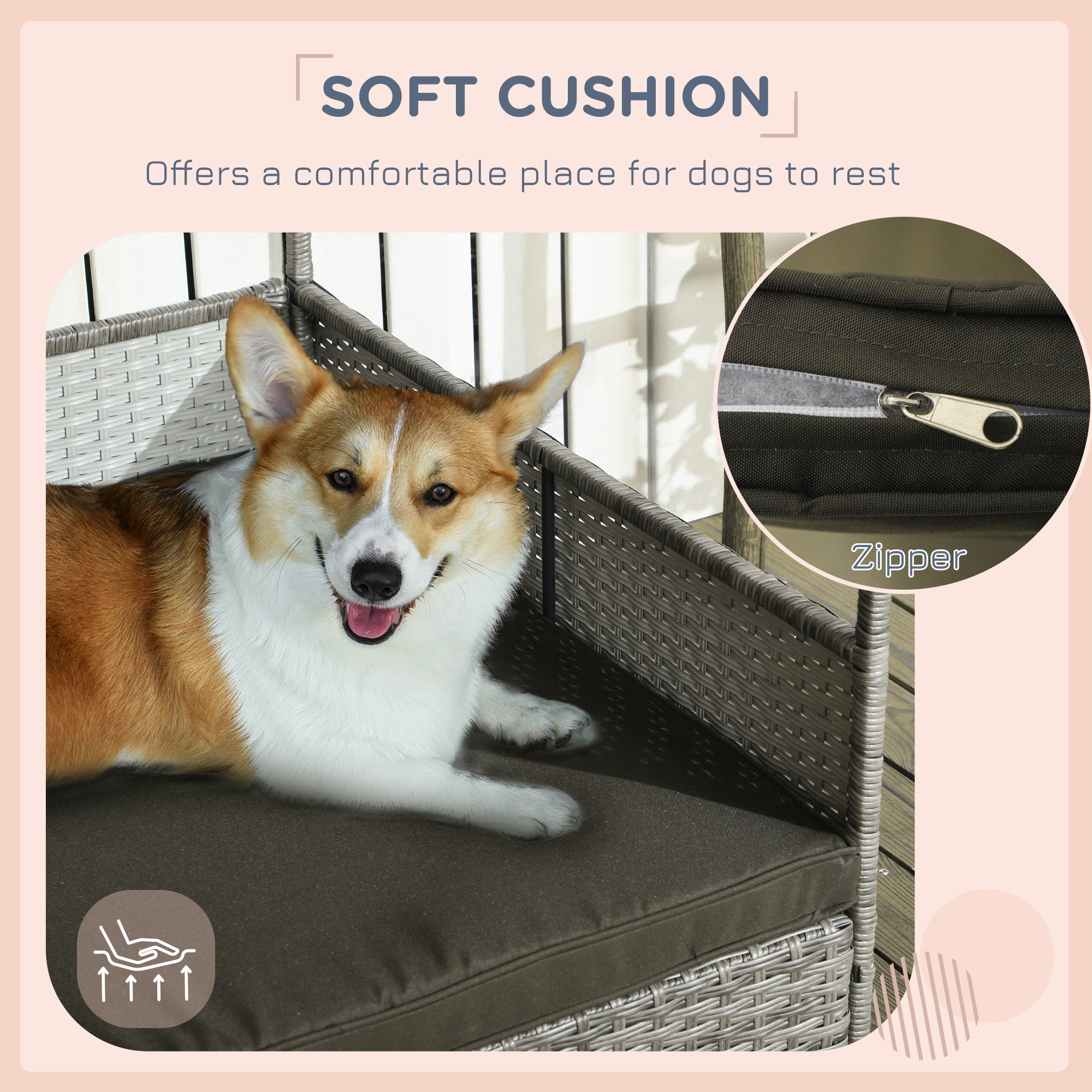PawHut Outdoor Wicker Dog House with Canopy, Rattan Dog Bed with Soft Cushion Removable Cover for Medium and Large Dogs, Charcoal Gray