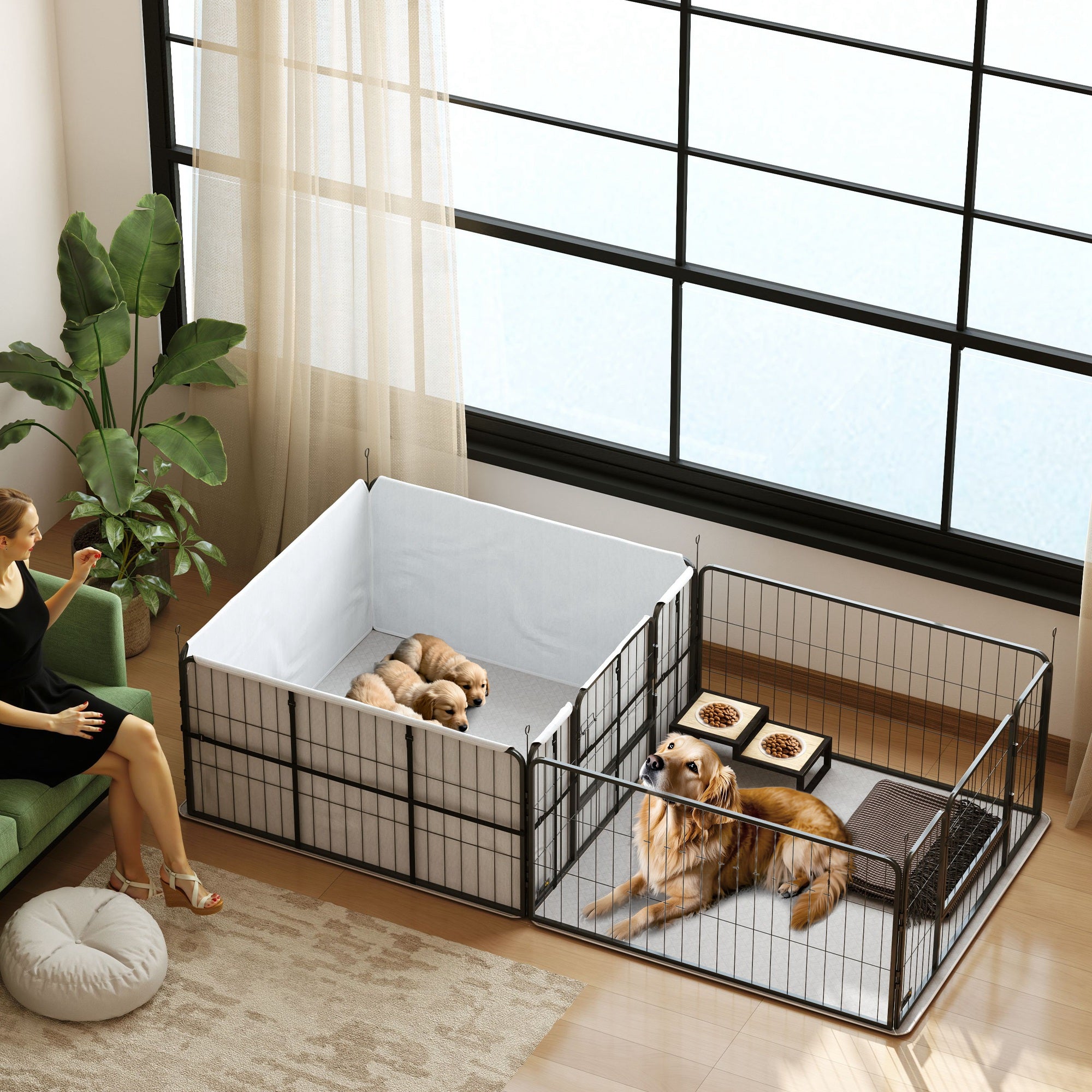 Whelping Box for Dogs and Puppies, 23.5"H, 7 Panels Puppy Playpen with Windproof Oxford Fabric Cloth, Washable Pee Pad, Pet Playpen with Door, for Medium & Large Dogs