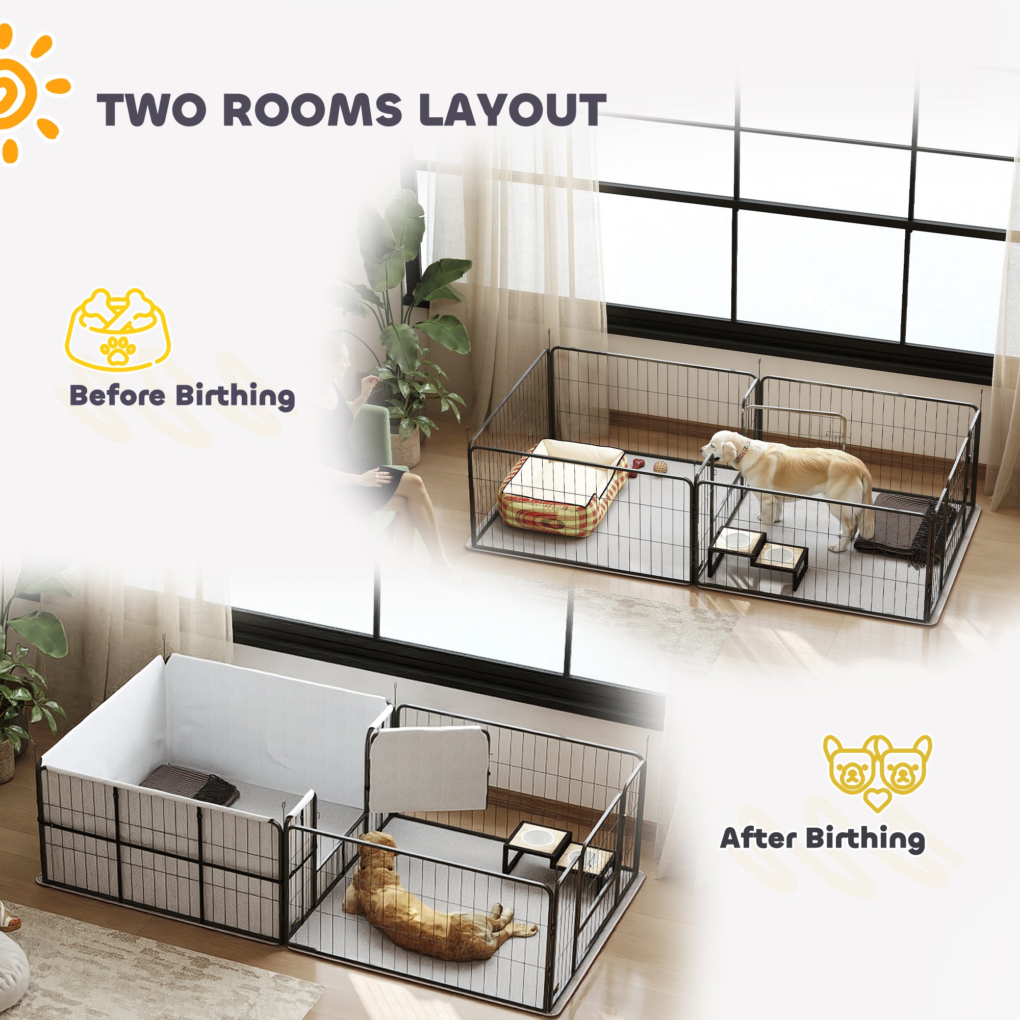 Whelping Box for Dogs and Puppies, 23.5"H, 7 Panels Puppy Playpen with Windproof Oxford Fabric Cloth, Washable Pee Pad, Pet Playpen with Door, for Medium & Large Dogs