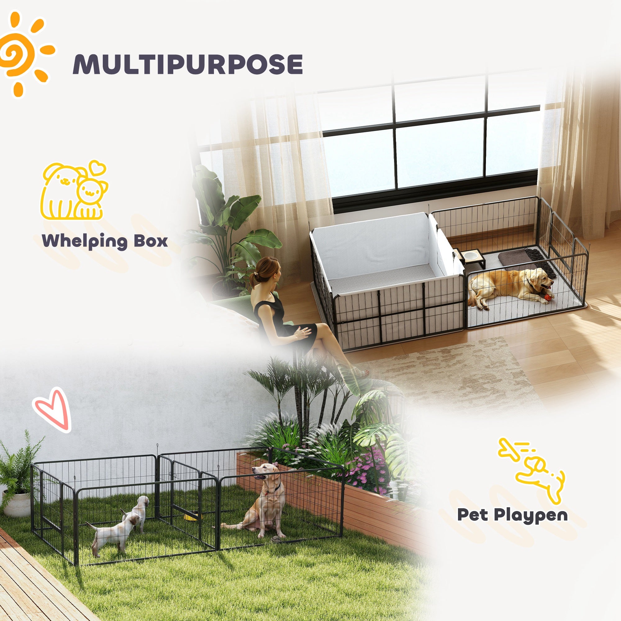 Whelping Box for Dogs and Puppies, 23.5"H, 7 Panels Puppy Playpen with Windproof Oxford Fabric Cloth, Washable Pee Pad, Pet Playpen with Door, for Medium & Large Dogs