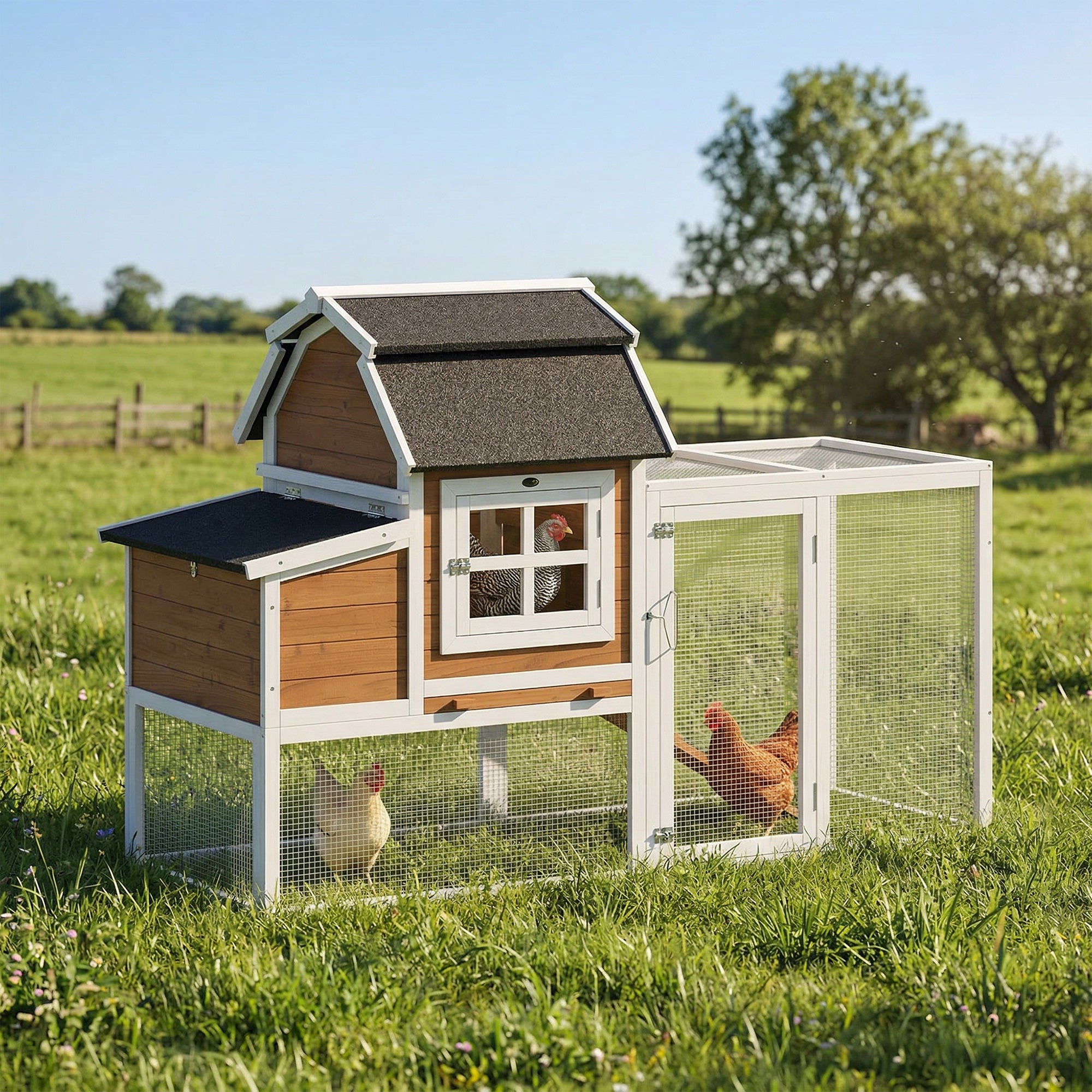71" Chicken Coop for 3 Chickens, Wooden Hen House Outdoor Duck House with Run, Removable Tray, Nesting Box, Waterproof Asphalt Roof, Ramp and Perches, Bunny Hutch, Brown