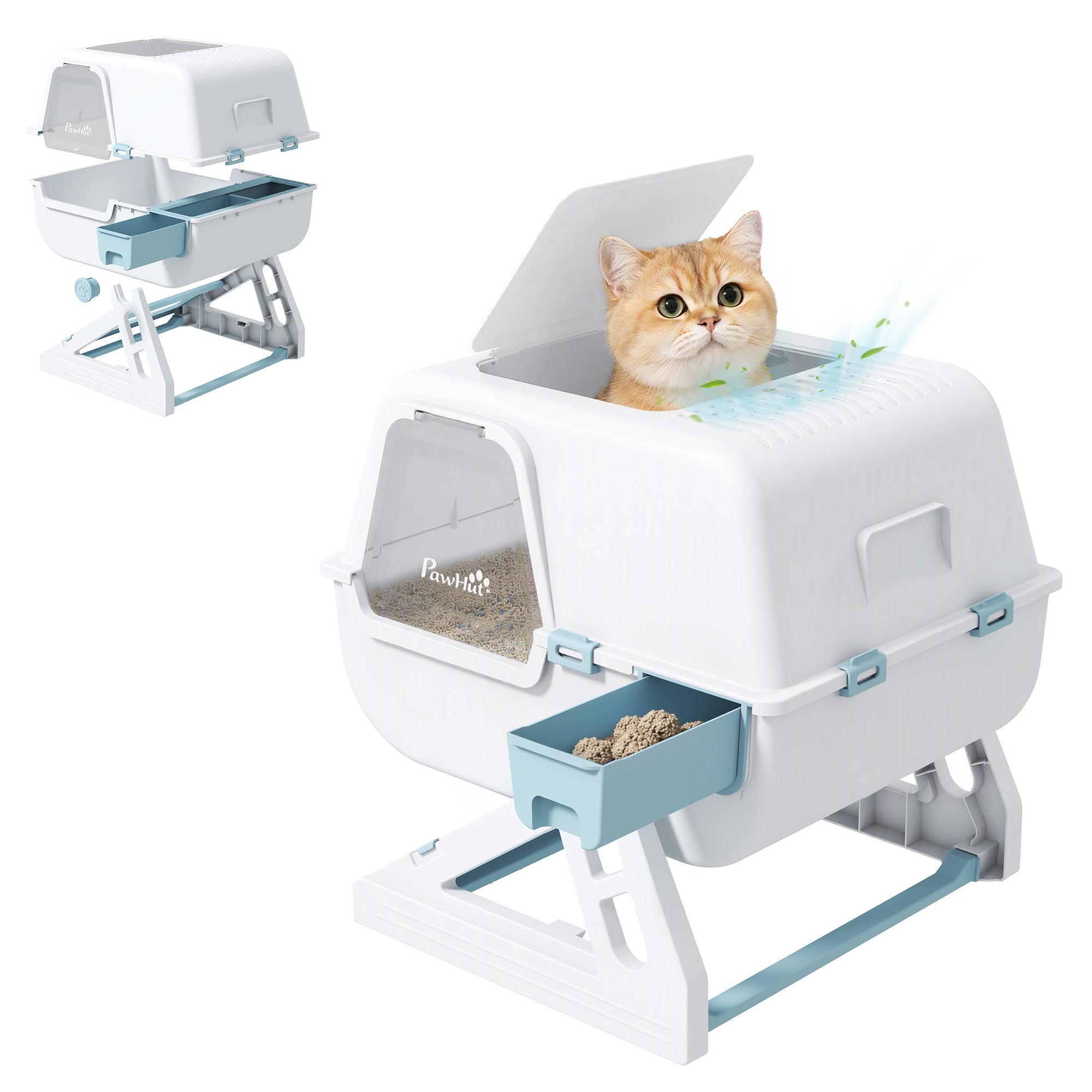 Cat Litter Box with Lid, Enclosed Cat Litter Box with Deodorization Bag & Drawer Pan, High Sides & Flip-to-Clean, Multi-Entry Design, Odor Control, Light Blue