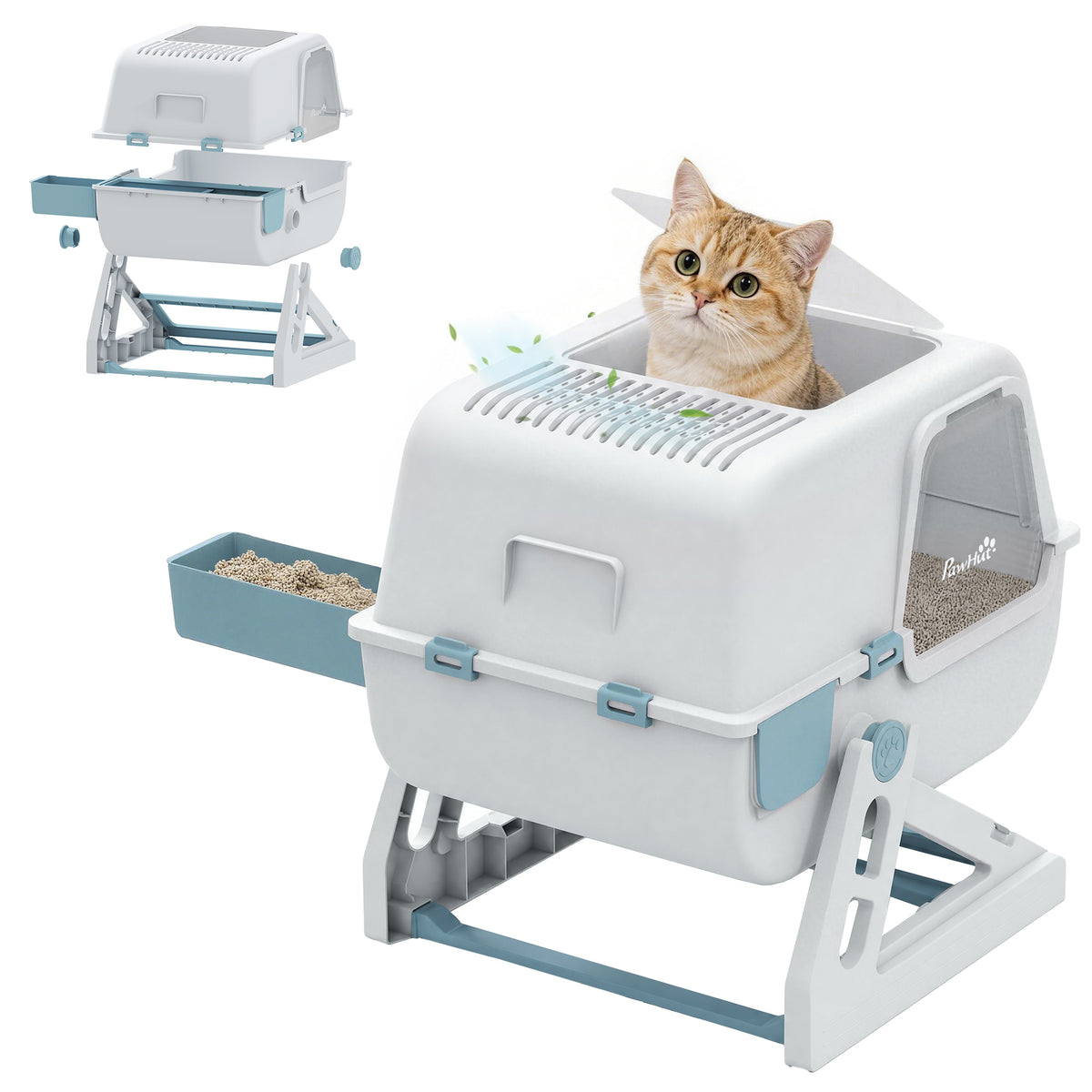 Cat Litter Box with Lid, Enclosed Cat Litter Box with Deodorization Bag & Drawer Pan, High Sides & Flip-to-Clean, Multi-Entry Design, Odor Control, Light Blue