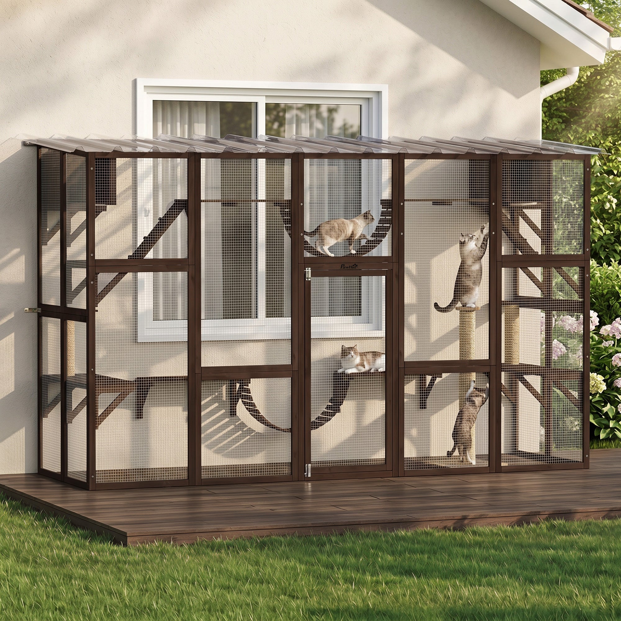 Catio Outdoor Cat Enclosure Window, Outdoor Cat House with Weather Protection Roof for 1-4 Kitties, Wooden Frame, Shelves & Bridges, 118" x 37.5" x 74", Coffee Brown
