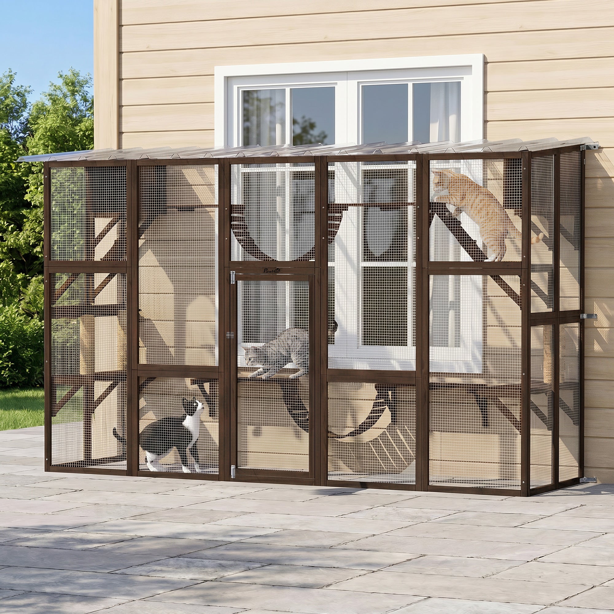 Catio Outdoor Cat Enclosure Window, Outdoor Cat House with Weather Protection Roof for 1-4 Kitties, Wooden Frame, Shelves & Bridges, 118" x 37.5" x 74", Coffee Brown