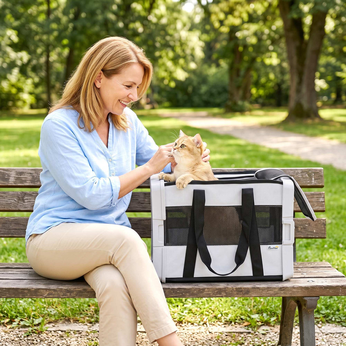 Pet Carrier Bag, Soft-Sided Dog Carrier with Bottom Board and Mesh Windows, Foldable Pet Travel Bag for Mini Dogs Under 22 lbs and Cats, Grey