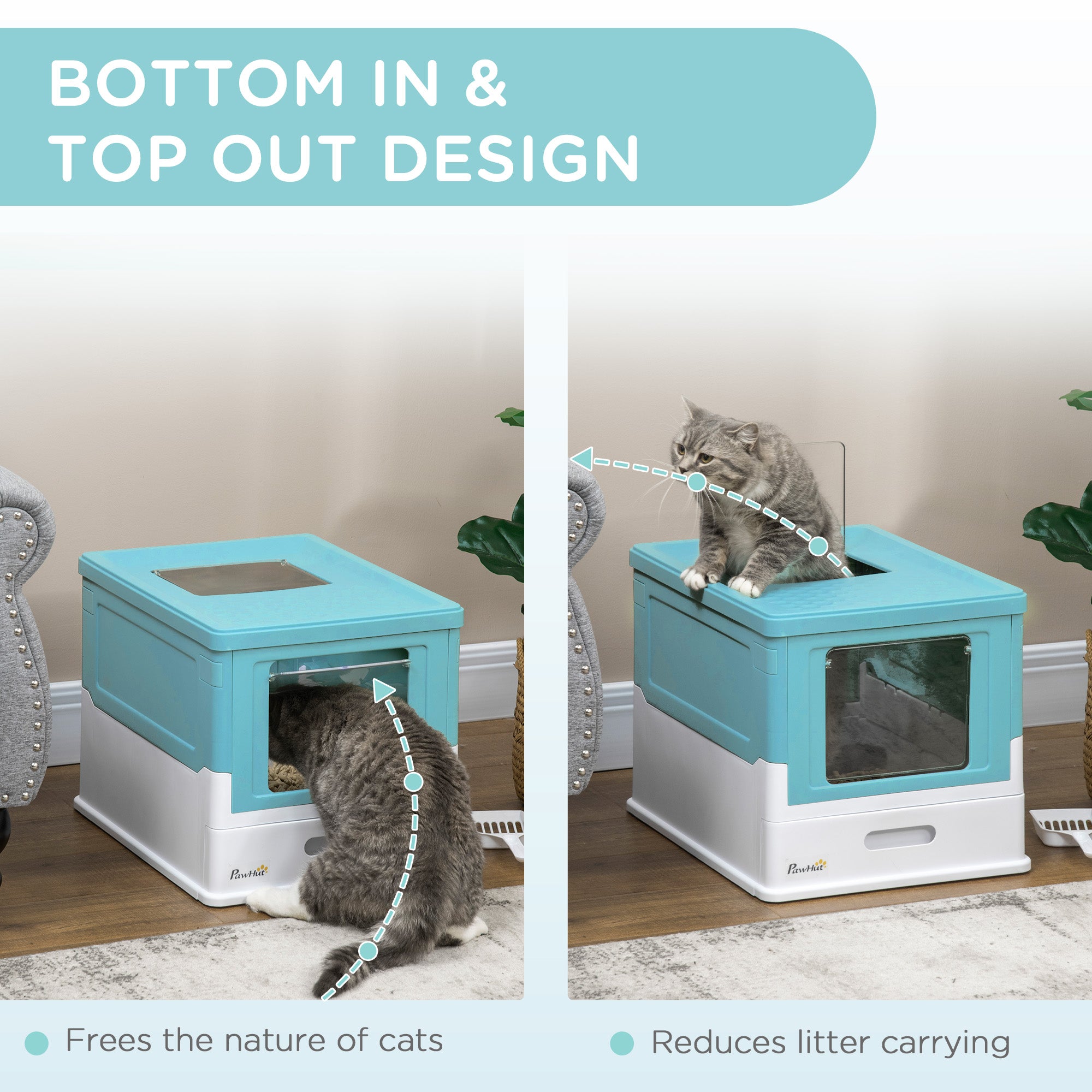 Cat Litter Tray with Hood Enclosed Cat Litter Box Pet Toilet w/ Lid, Scoop, Front Entry, 47.5 x 35.5 x 36.7cm - Light Blue