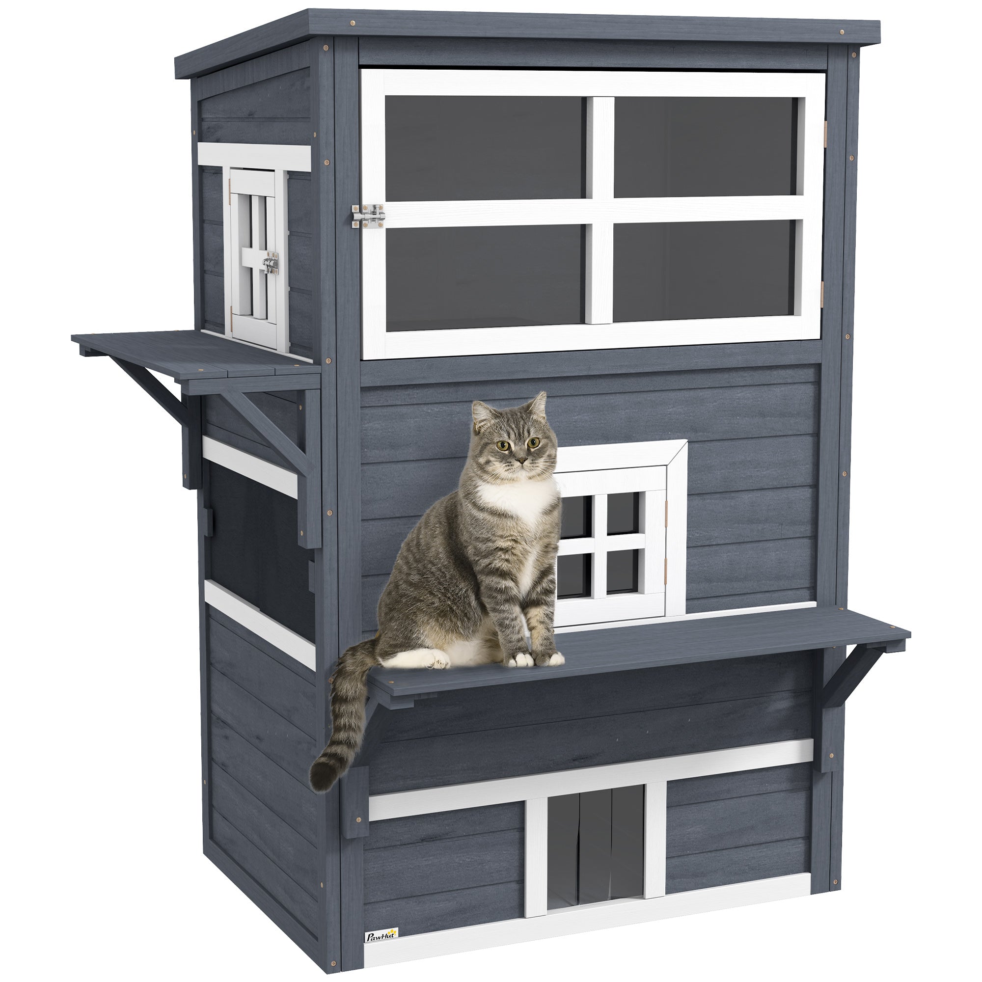 PawHut 3-Story Cat House Feral Cat Shelter, Outdoor Kitten Condo with Raised Floor, Asphalt Roof, Escape Doors, Jumping Platforms, Dark Gray