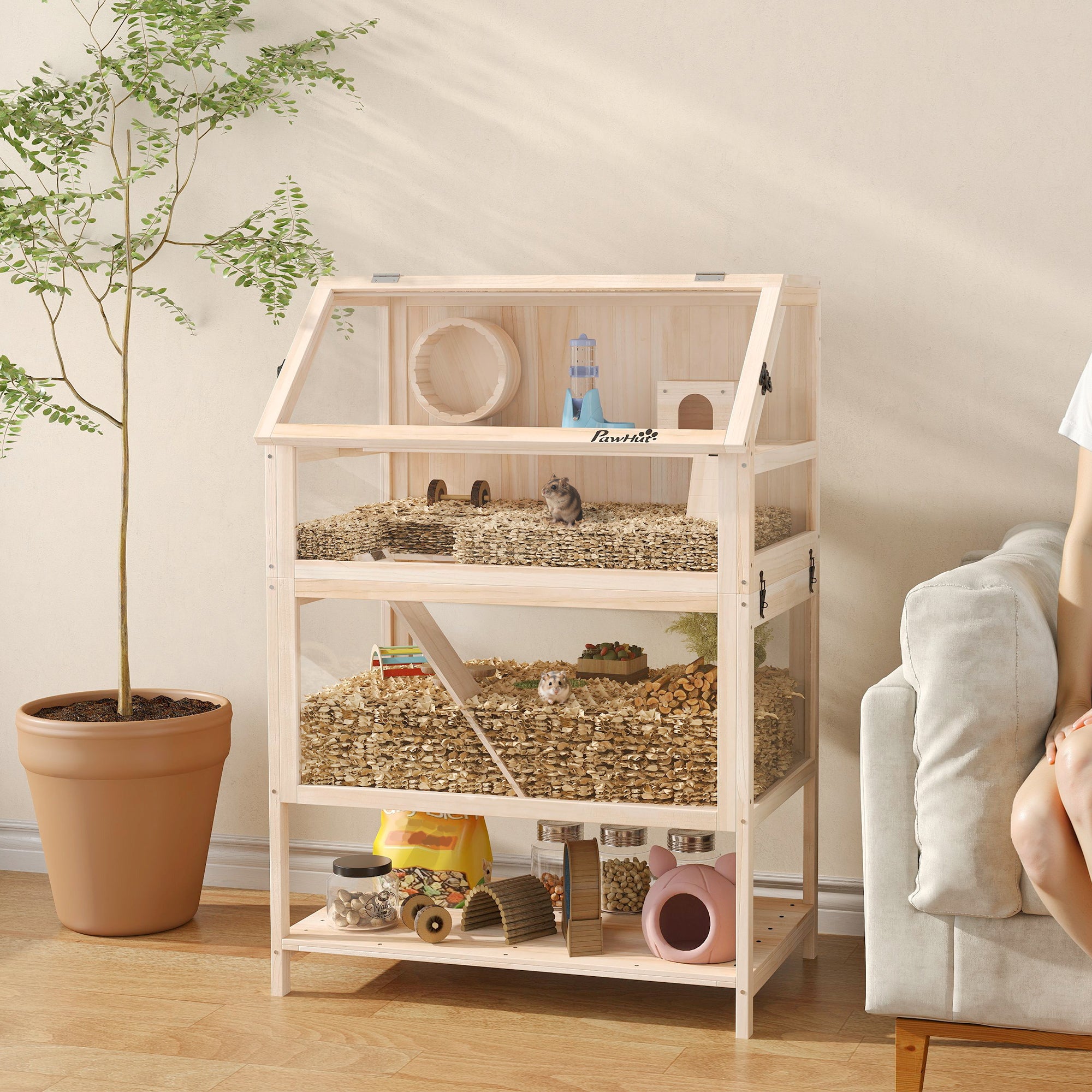 Wooden Hamster Cage, 3 Tier Small Animal Cage with Detachable Lower Floor, Storage Shelf, Hut, Seesaw, Exercise Wheel, Ramps, Hamster Habitat for Dwarf, Gerbil, 31.5" x 21" x 46"