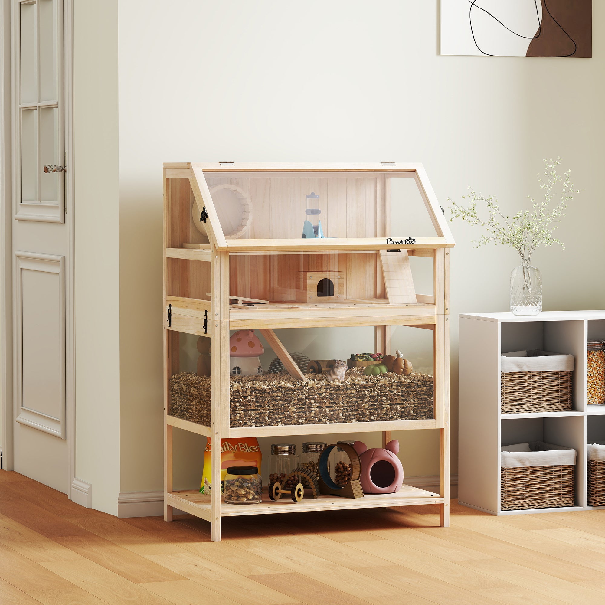 Wooden Hamster Cage, 3 Tier Small Animal Cage with Detachable Lower Floor, Storage Shelf, Hut, Seesaw, Exercise Wheel, Ramps, Hamster Habitat for Dwarf, Gerbil, 31.5" x 21" x 46"