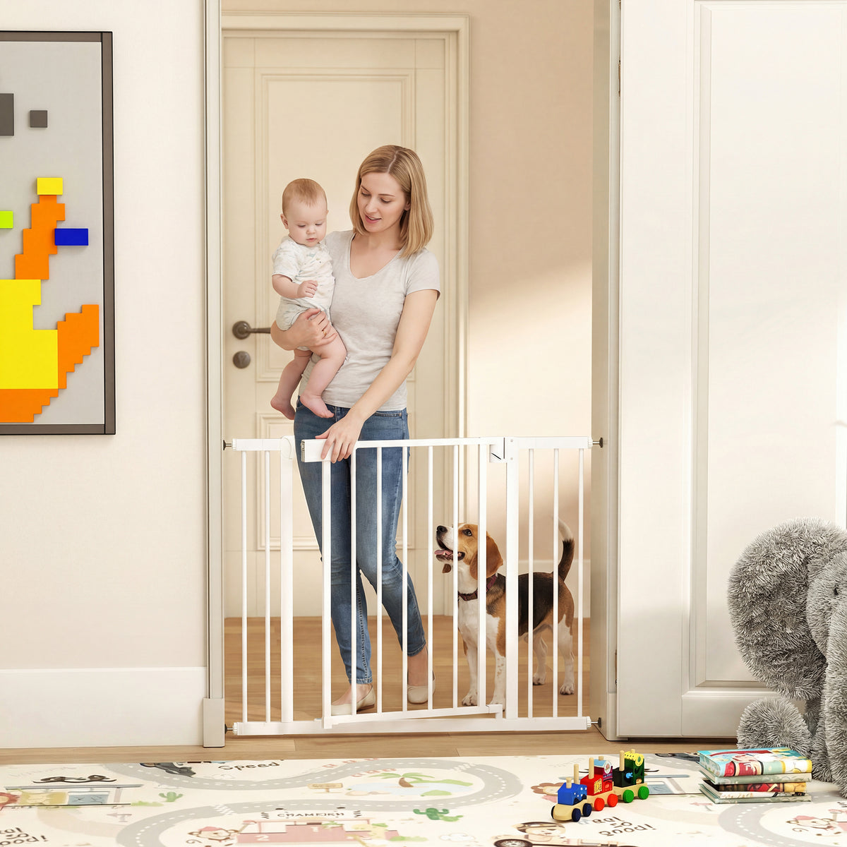 Baby Gate, 30"-32", 33"-35", 35"-37", 38"-40"W Pet Gate with 2 Extension Kits, Auto-Close, Two-Way Open, Pressure Mounted for Stair, Doorways and Hallways, 30"H, White