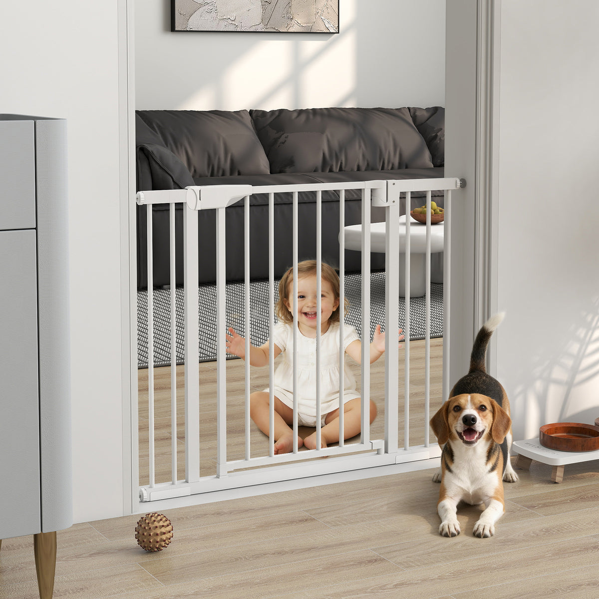 Baby Gate, 30"-32", 33"-35", 35"-37", 38"-40"W Pet Gate with 2 Extension Kits, Auto-Close, Two-Way Open, Pressure Mounted for Stair, Doorways and Hallways, 30"H, White