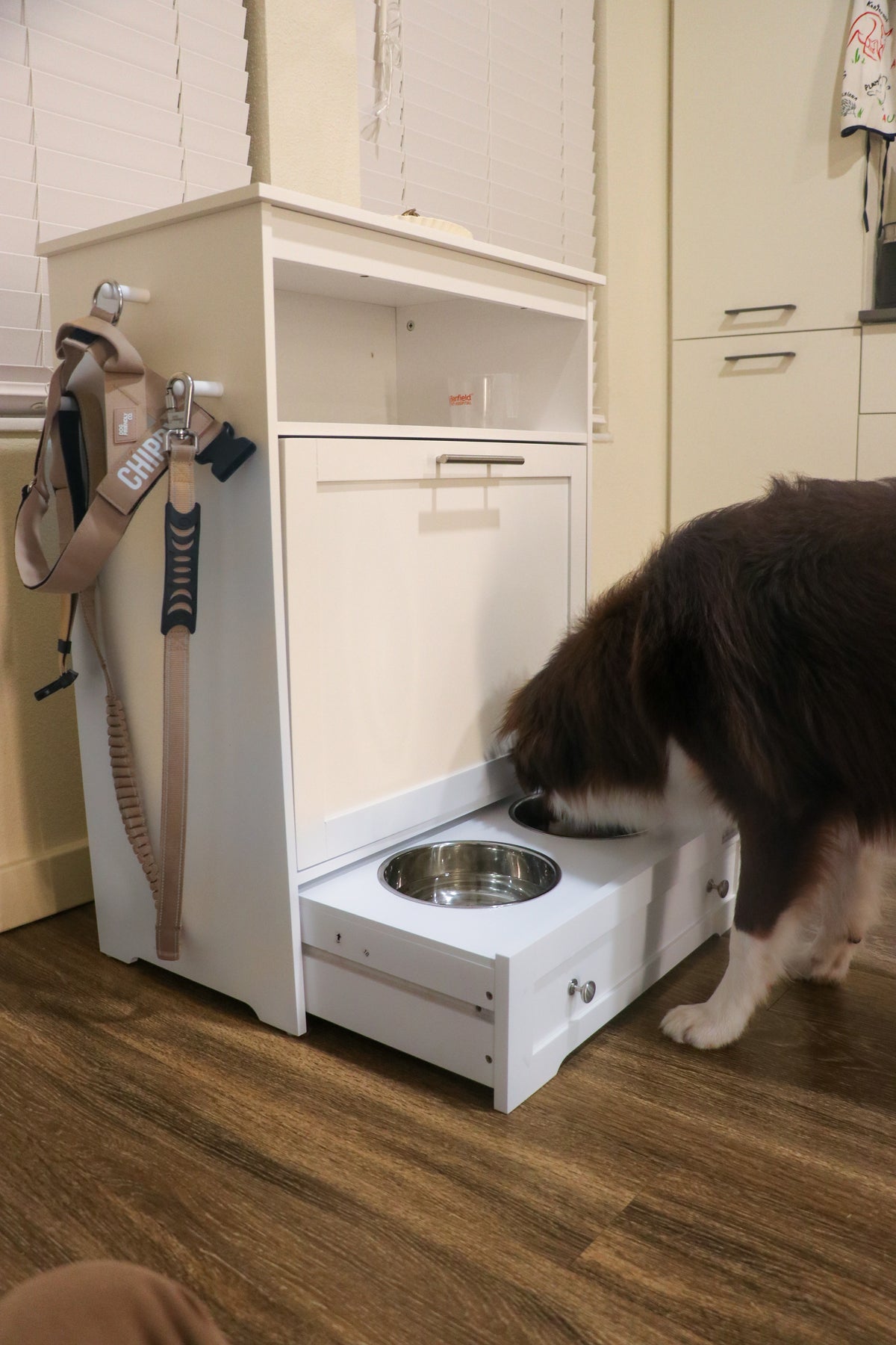 Pet Feeding Station with Storage & Raised Bowls White
