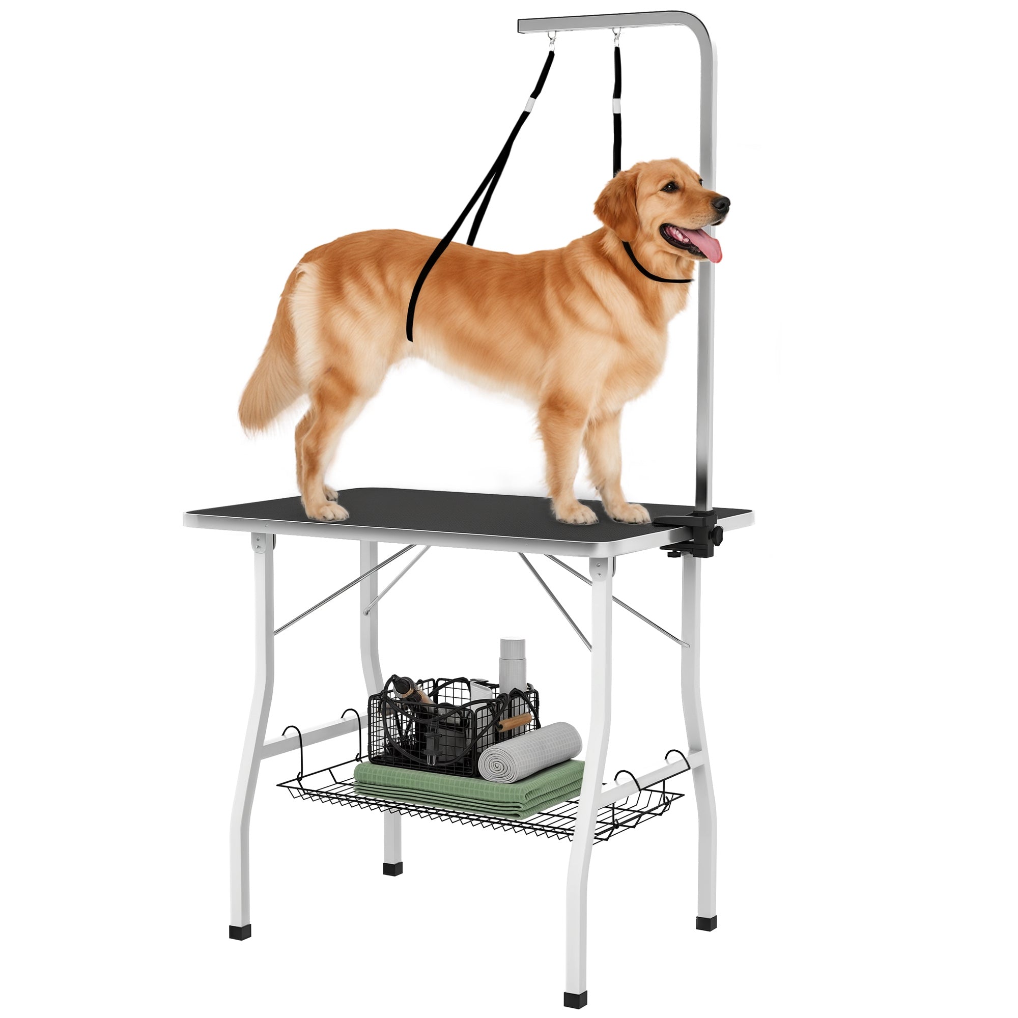 35in Dog Grooming Table with Adjustable Arm, Foldable Pet Grooming Table with Mesh Tray, Two Nooses, Rubber Surface, 35" x 24" x 61", Black