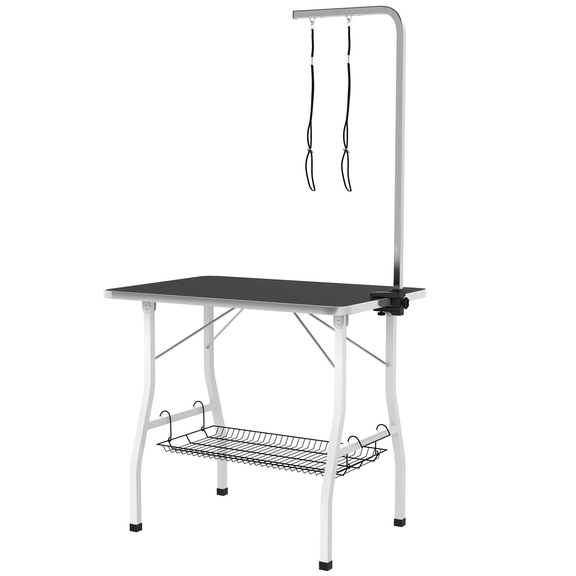 35in Dog Grooming Table with Adjustable Arm, Foldable Pet Grooming Table with Mesh Tray, Two Nooses, Rubber Surface, 35" x 24" x 61", Black