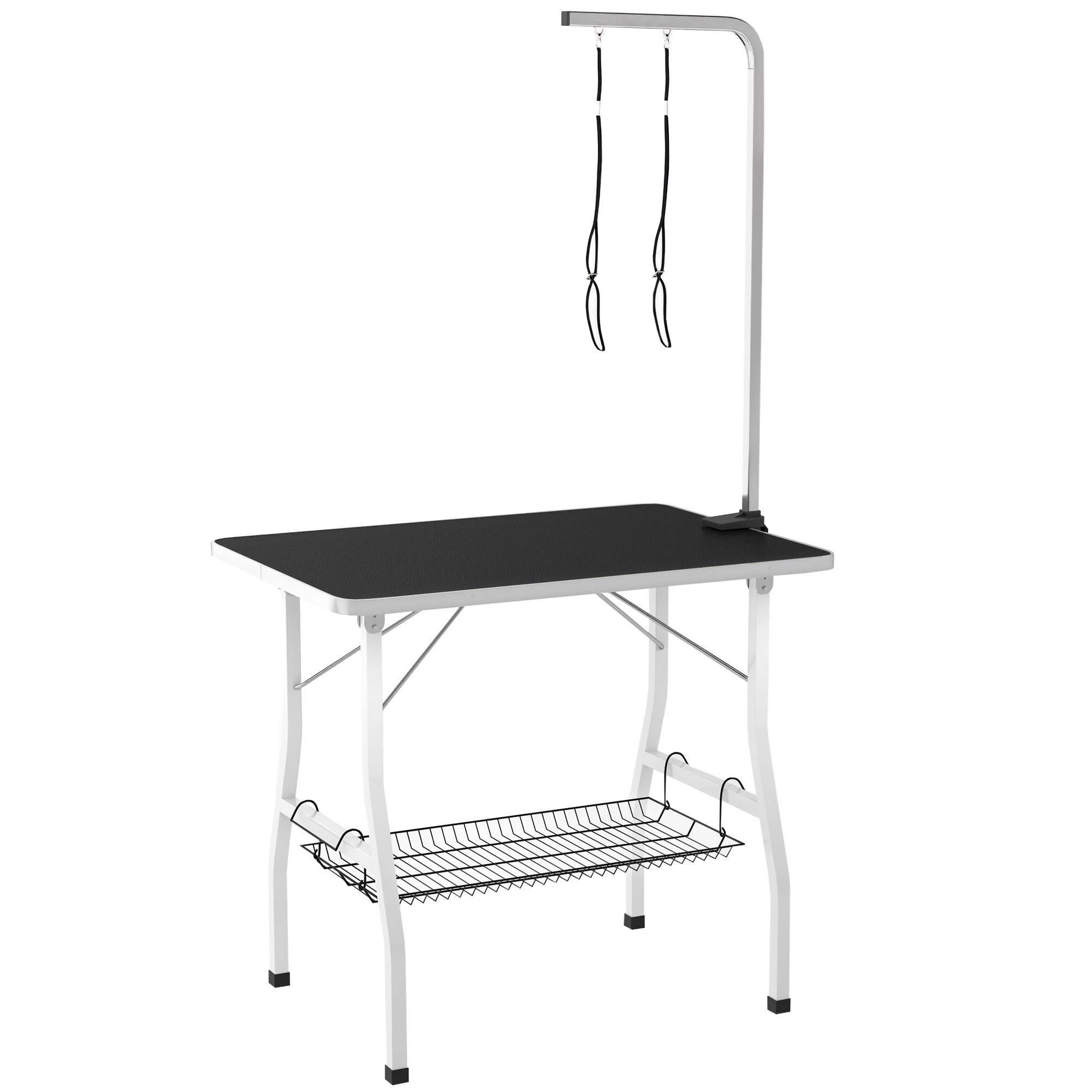 35in Dog Grooming Table with Adjustable Arm, Foldable Pet Grooming Table with Mesh Tray, Two Nooses, Rubber Surface, 35" x 24" x 61", Black