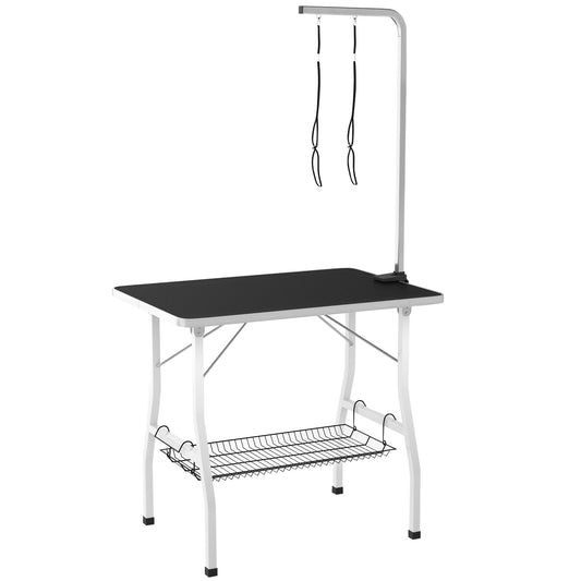 35in Dog Grooming Table with Adjustable Arm, Foldable Pet Grooming Table with Mesh Tray, Two Nooses, Rubber Surface, 35" x 24" x 61", Black