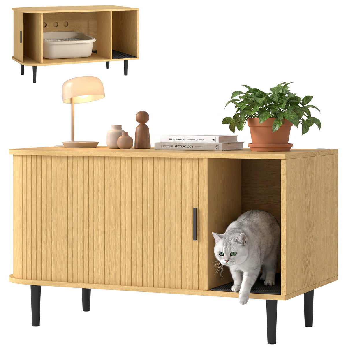 Cat Litter Box Enclosure with Sliding Door, Litter Mat, Hidden Litter Box Enclosure Furniture, Modern Cat House, TV Stand, Side End Table for Living Room