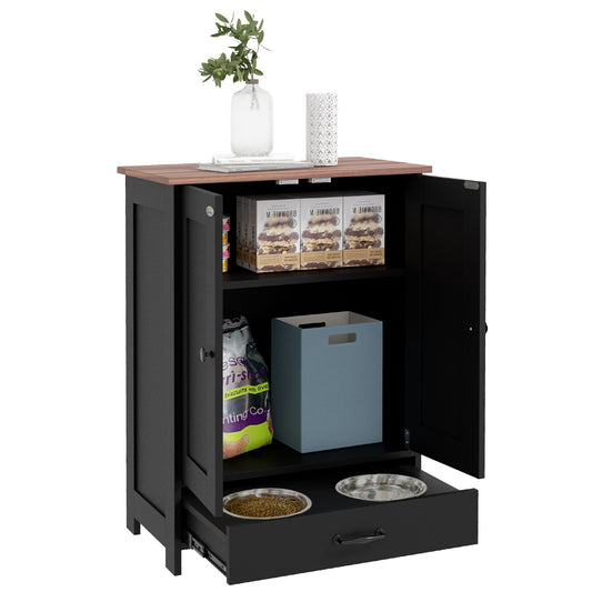 Dog Feeding Station, Furniture Style Pet Food Storage Container with Hidden Raised Bowls, Adjustable Panel, Hooks, for Medium Sized Dogs, Black