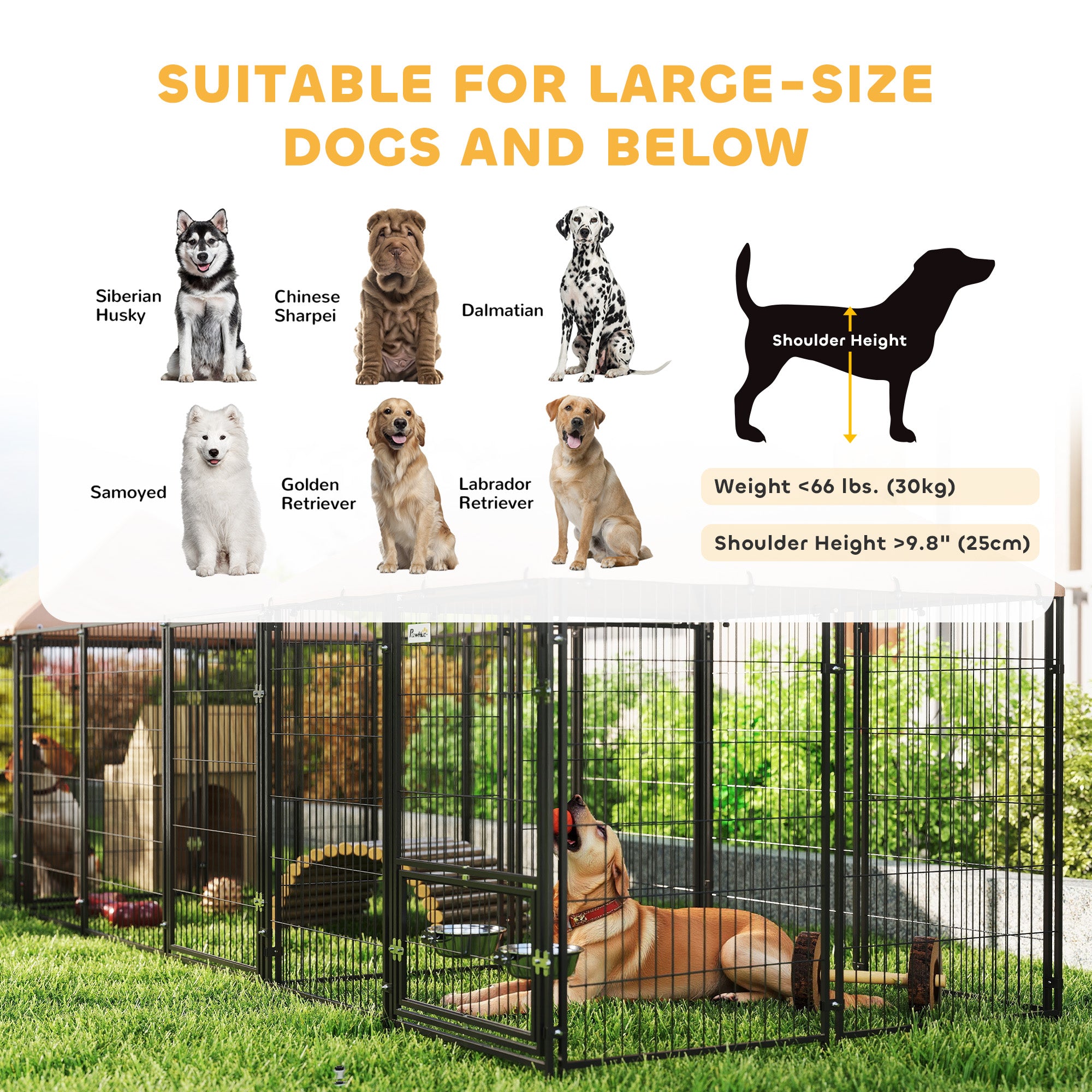 Outdoor Dog Kennel with 2 Rooms, Dog Run Outdoor Pet Playpen House with Rotating & Adjustable Height Bowls, Waterproof UV-Resistant Covers, Secure Locks, 16.2' x 4.7' x 5.1'