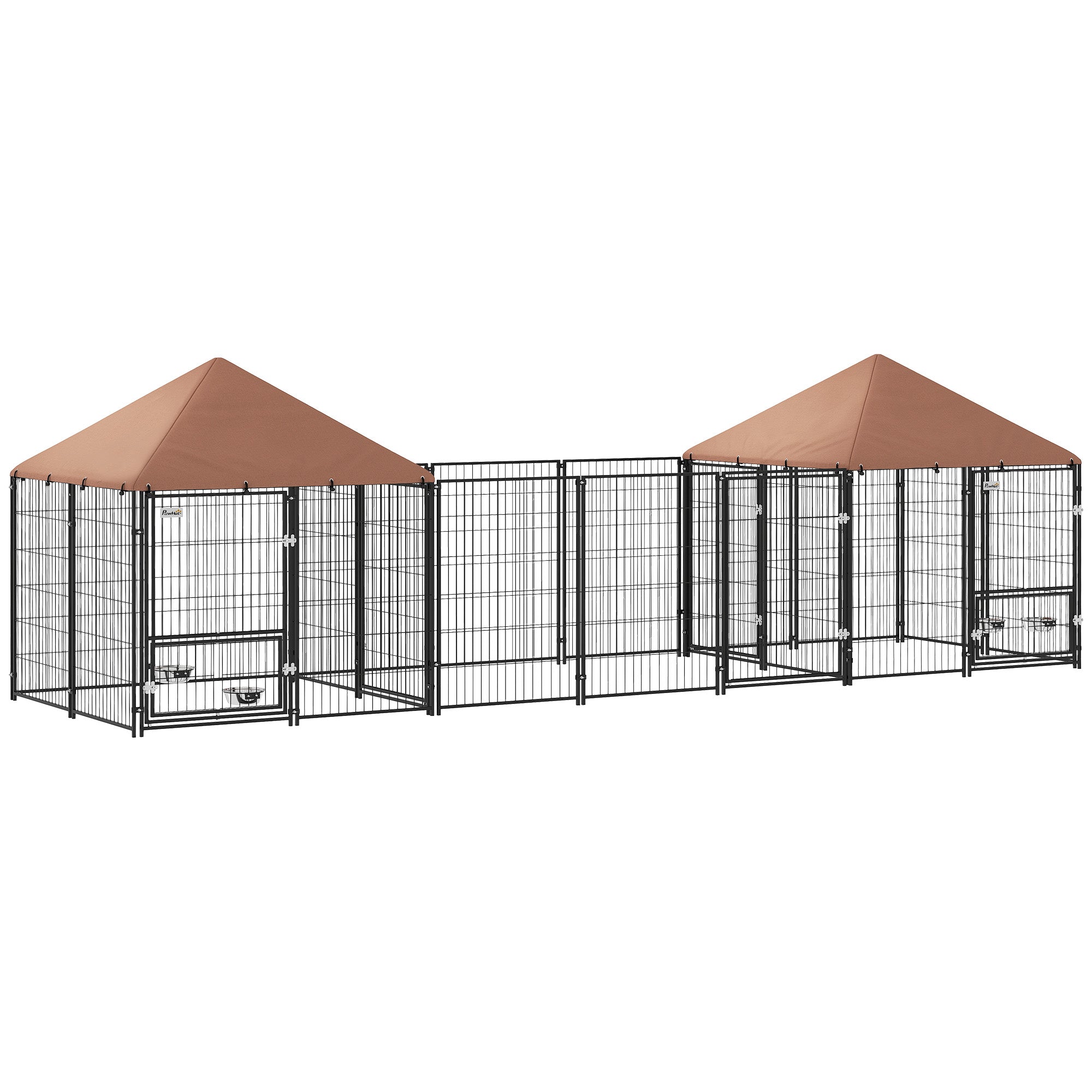 Outdoor Dog Kennel with 2 Rooms, Dog Run Outdoor Pet Playpen House with Rotating & Adjustable Height Bowls, Waterproof UV-Resistant Covers, Secure Locks, 16.2' x 4.7' x 5.1'