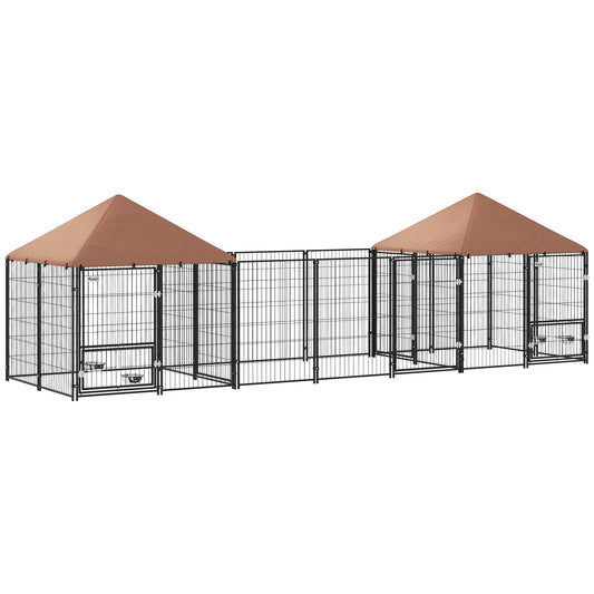 Outdoor Dog Kennel with 2 Rooms, Dog Run Outdoor Pet Playpen House with Rotating & Adjustable Height Bowls, Waterproof UV-Resistant Covers, Secure Locks, 16.2' x 4.7' x 5.1'