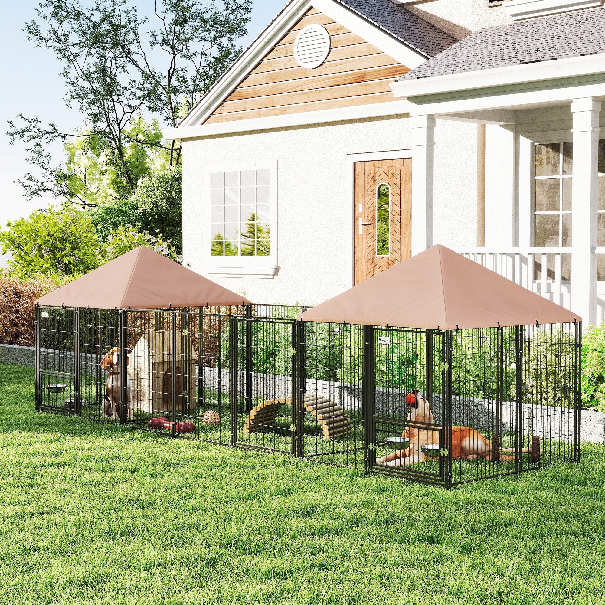 Outdoor Dog Kennel with 2 Rooms, Dog Run Outdoor Pet Playpen House with Rotating & Adjustable Height Bowls, Waterproof UV-Resistant Covers, Secure Locks, 16.2' x 4.7' x 5.1'