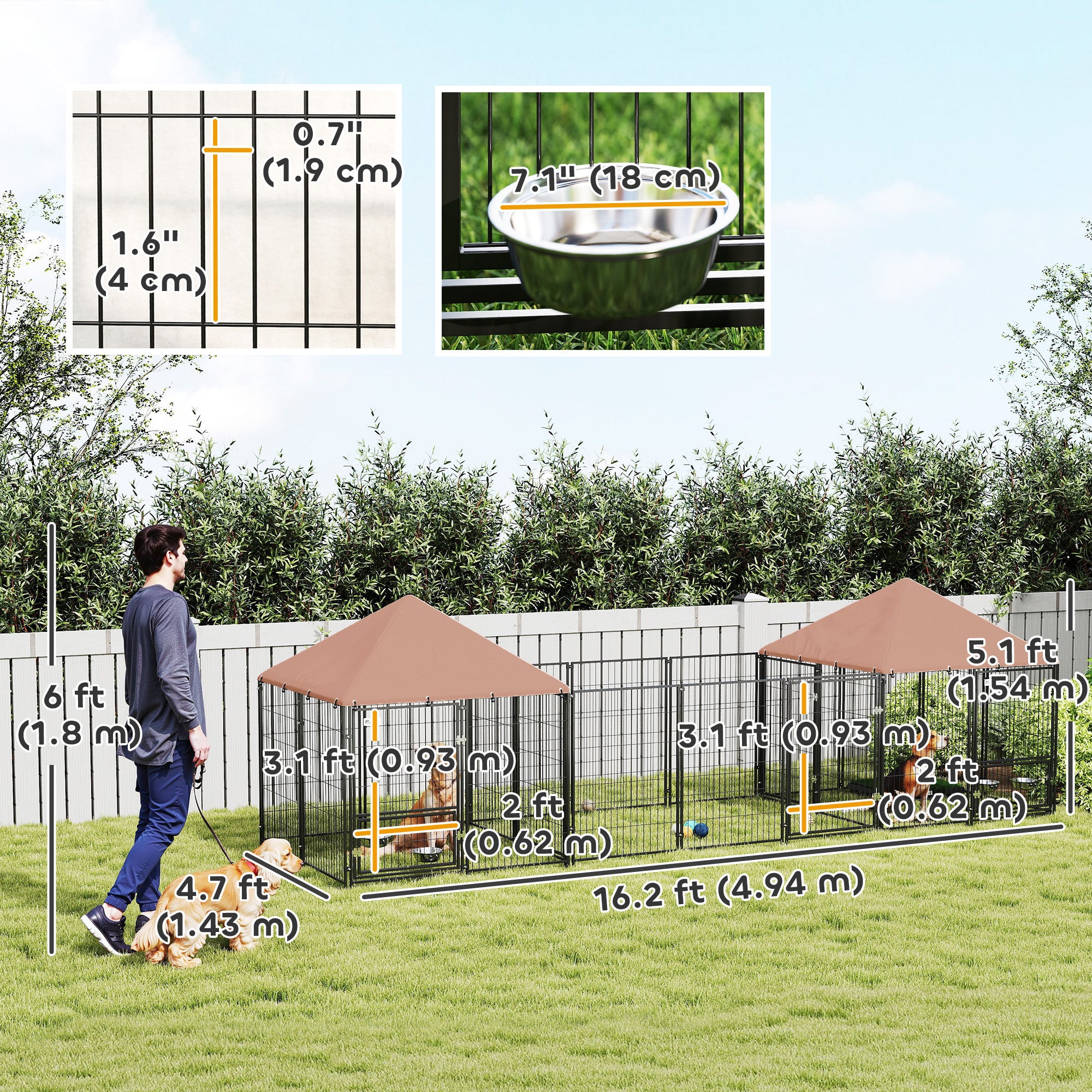 Outdoor Dog Kennel with 2 Rooms, Dog Run Outdoor Pet Playpen House with Rotating & Adjustable Height Bowls, Waterproof UV-Resistant Covers, Secure Locks, 16.2' x 4.7' x 5.1'