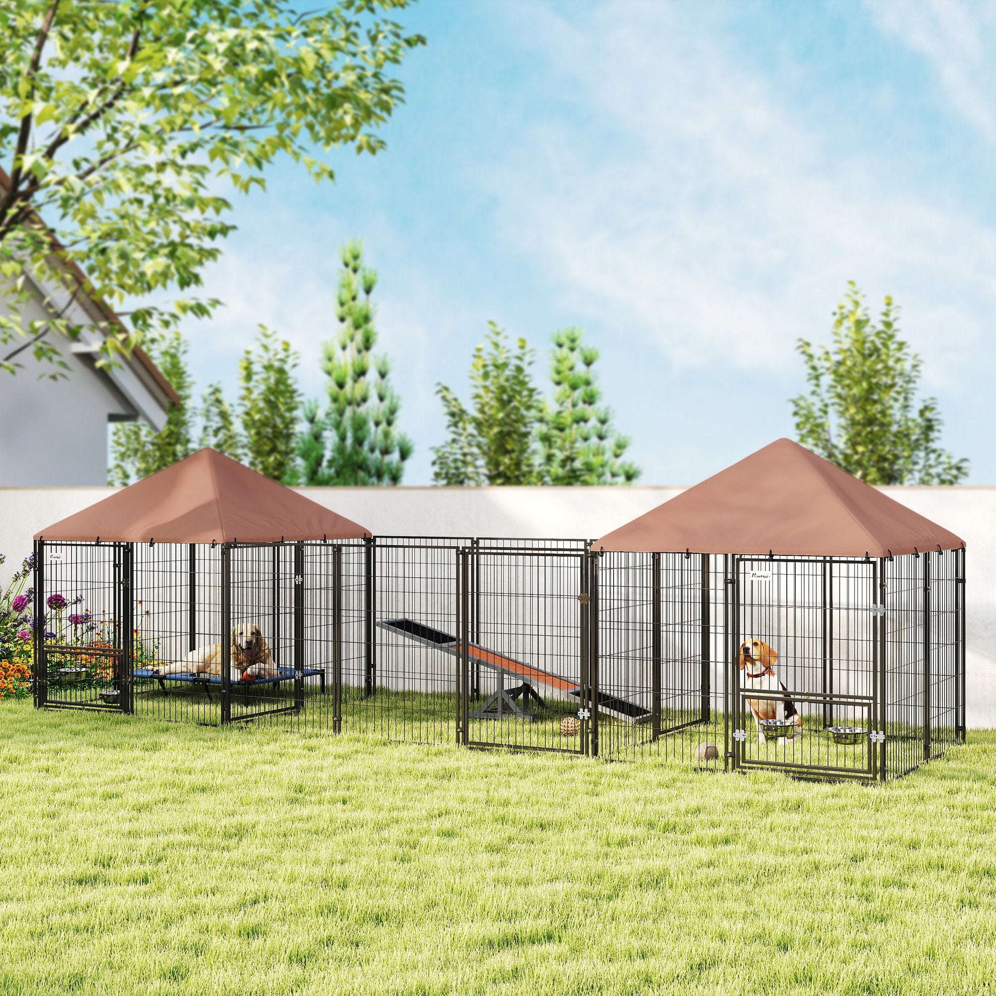 Outdoor Dog Kennel with 2 Rooms, Dog Run Outdoor Pet Playpen House with Rotating & Adjustable Height Bowls, Waterproof UV-Resistant Covers, Secure Locks, 16.2' x 4.7' x 5.1'
