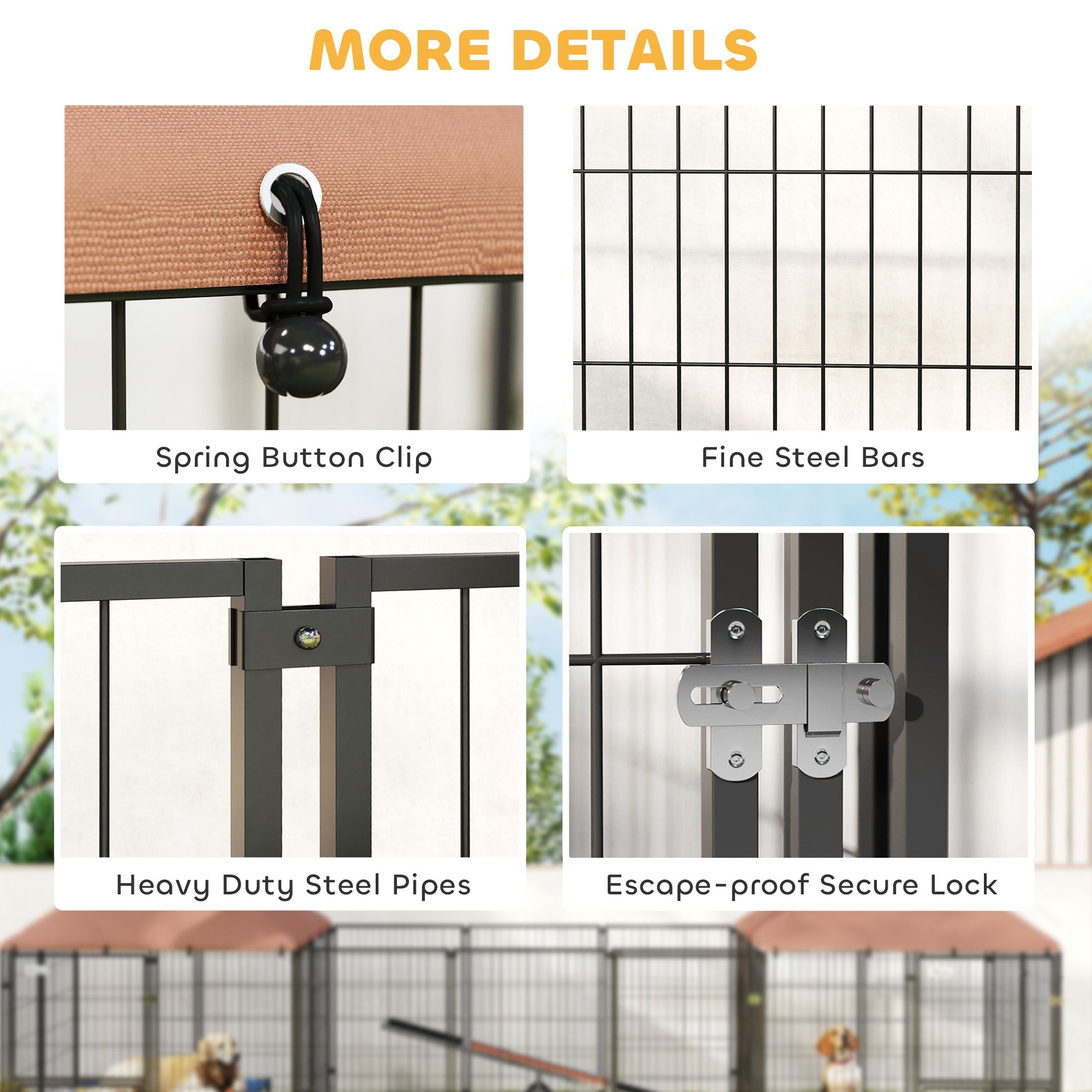 Outdoor Dog Kennel with 2 Rooms, Dog Run Outdoor Pet Playpen House with Rotating & Adjustable Height Bowls, Waterproof UV-Resistant Covers, Secure Locks, 16.2' x 4.7' x 5.1'