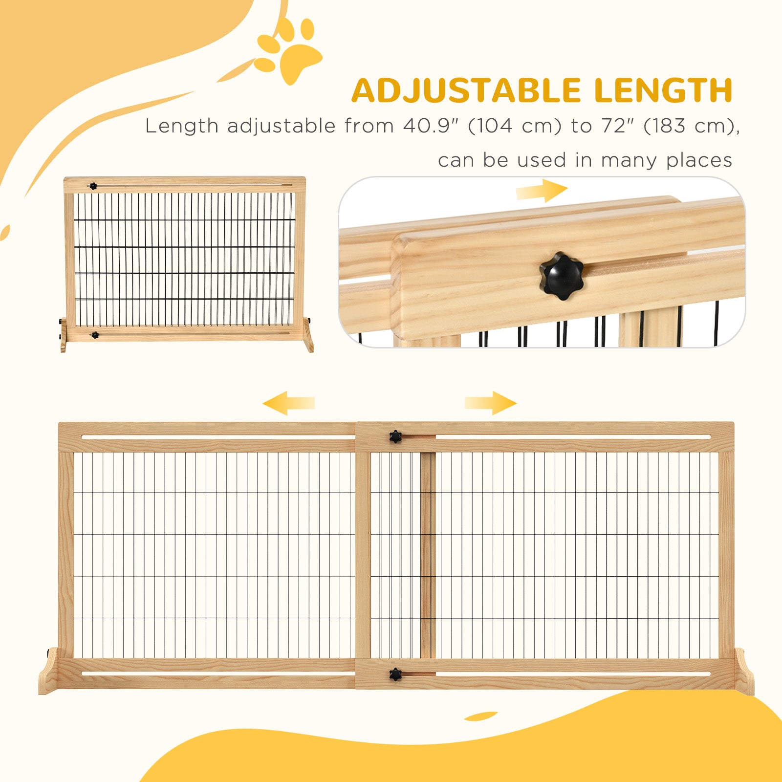 Free Standing Pet Gate, Wooden Foldable Dog Gate with 41"-72" Adjustable Length, Support Feet, Pet Barrier for Small Medium Dogs, for Stairway, Doorway, Hallway, Natural