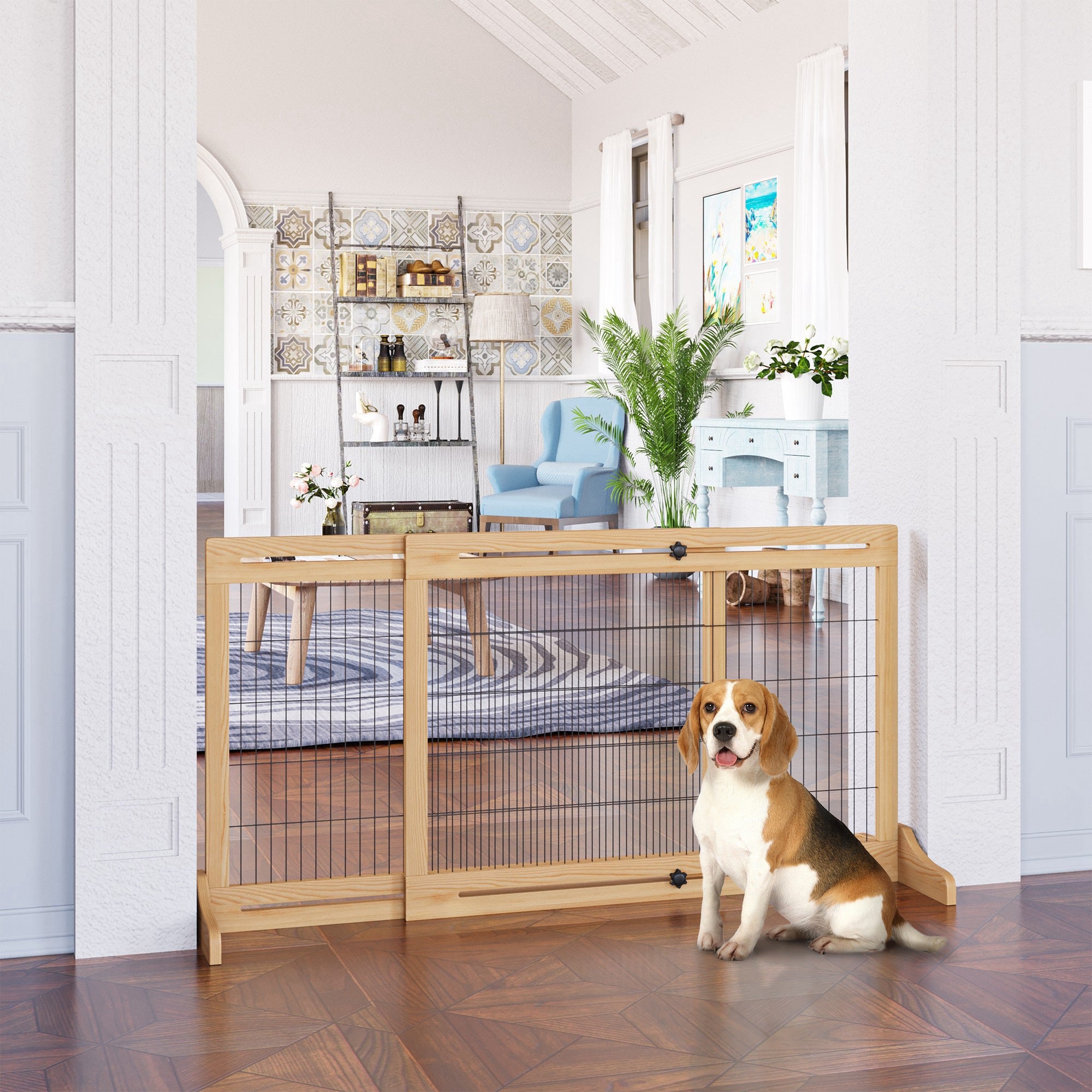 Free Standing Pet Gate, Wooden Foldable Dog Gate with 41"-72" Adjustable Length, Support Feet, Pet Barrier for Small Medium Dogs, for Stairway, Doorway, Hallway, Natural